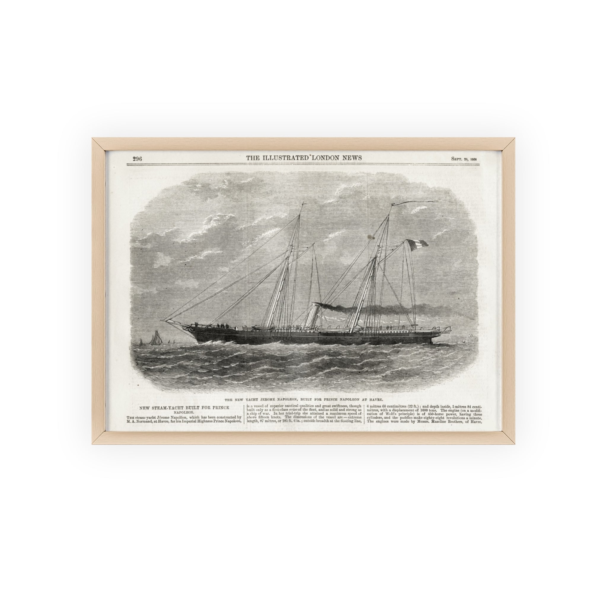 The New Yacht JEROME NAPOLEON, Built for Prince NAPOLEAN at Havre. Framed Vintage Ship Print Poster — Nautical Wall Art with Wooden Frame
