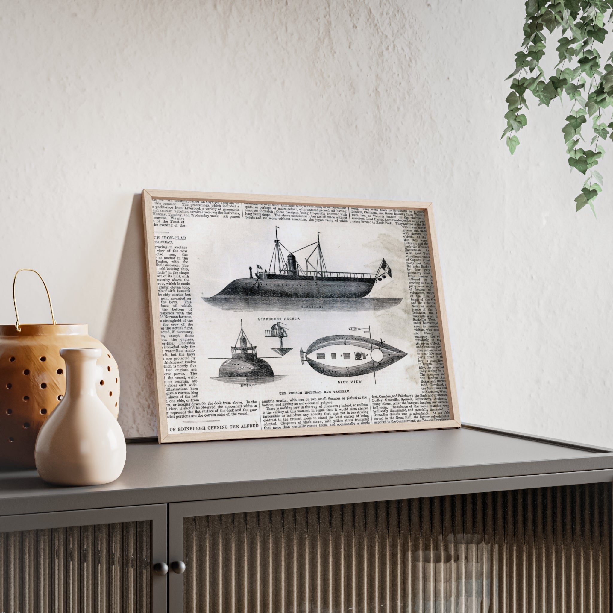 The French Ironclad RAM TAUREAU. Vintage Steamboat Patent Poster — Framed Nautical Wall Art