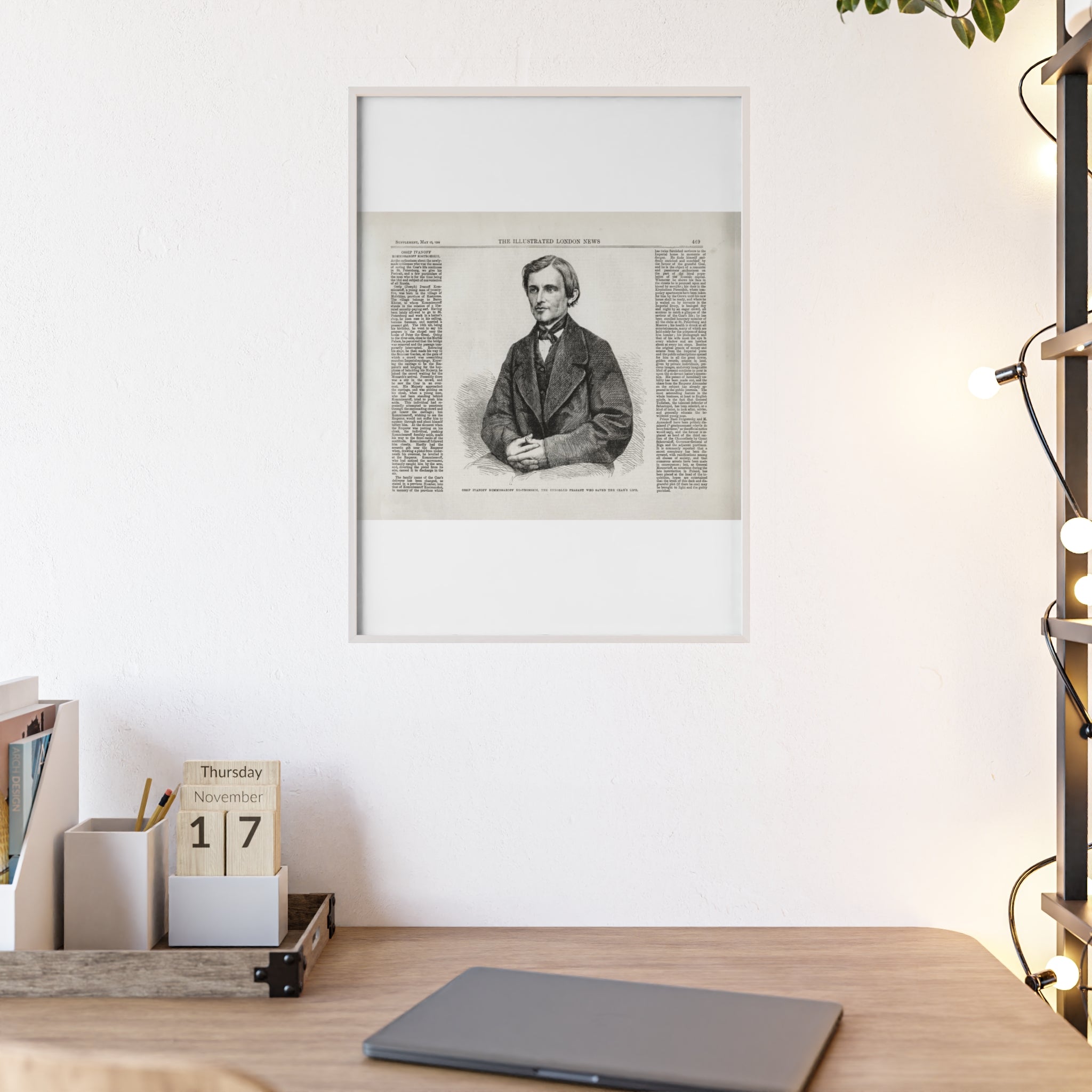 OSSIP IVANOFF, the peasant who saved the CZAR's Life. Vintage Illustrated Portrait Poster with Wooden Frame — Antique Newspaper Art Print