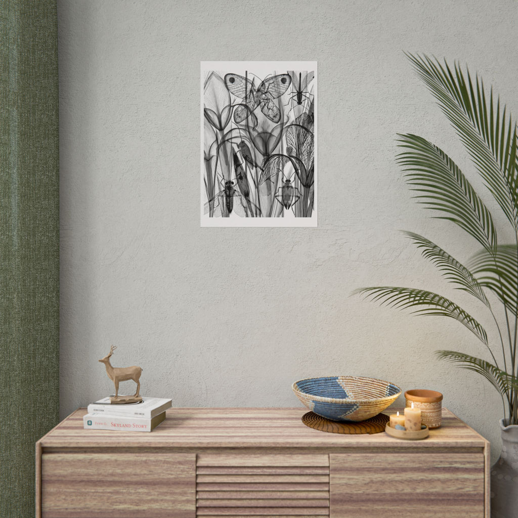 Monochrome Botanical Insects Rolled Poster — X-Ray Style Nature Art Print
