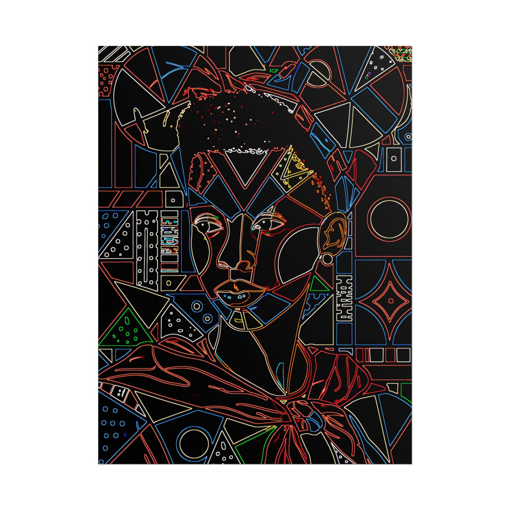 Neon Line Art Portrait Poster — Afro Futurism Geometric Wall Art (Rolled)