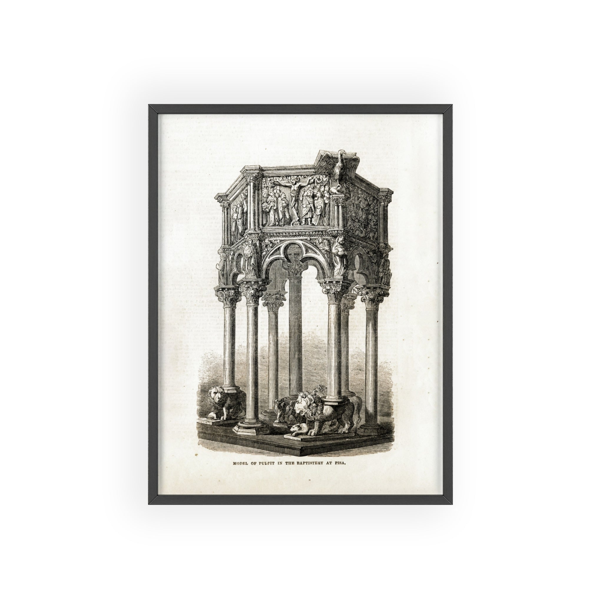 Model of Pulpit in the Baptistery at PISA. Antique Architectural Print Poster — Gothic Baptistery Illustration in Wooden Frame
