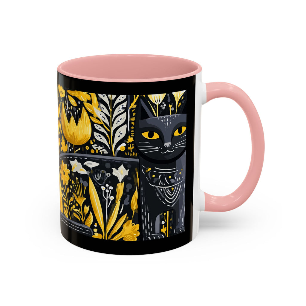 Black & Gold Cat Floral Coffee Mug — Whimsical Botanical Cat Accent Mug (11/15oz)