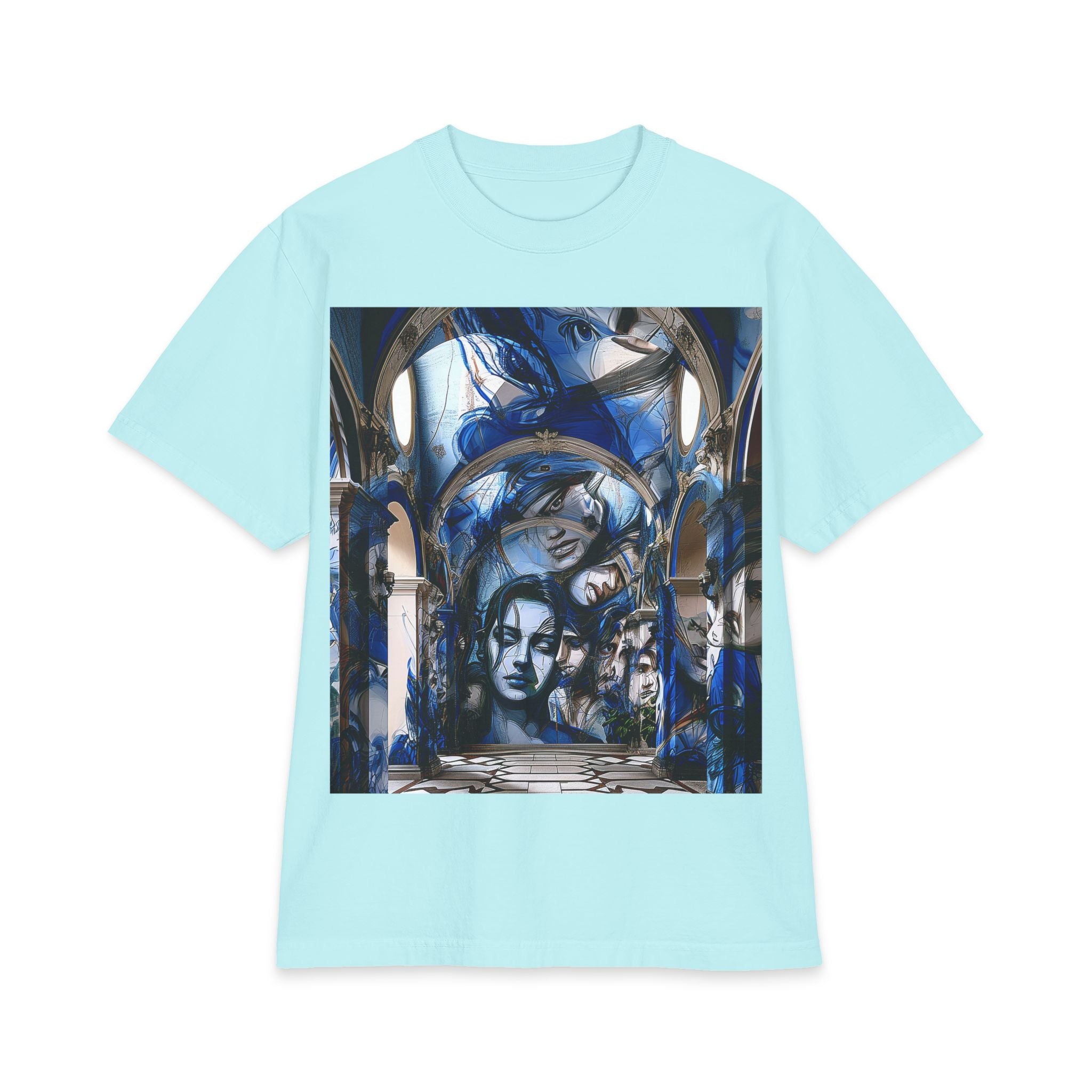 Artistic Portrait Tee — Blue Surreal Faces Graphic T-Shirt