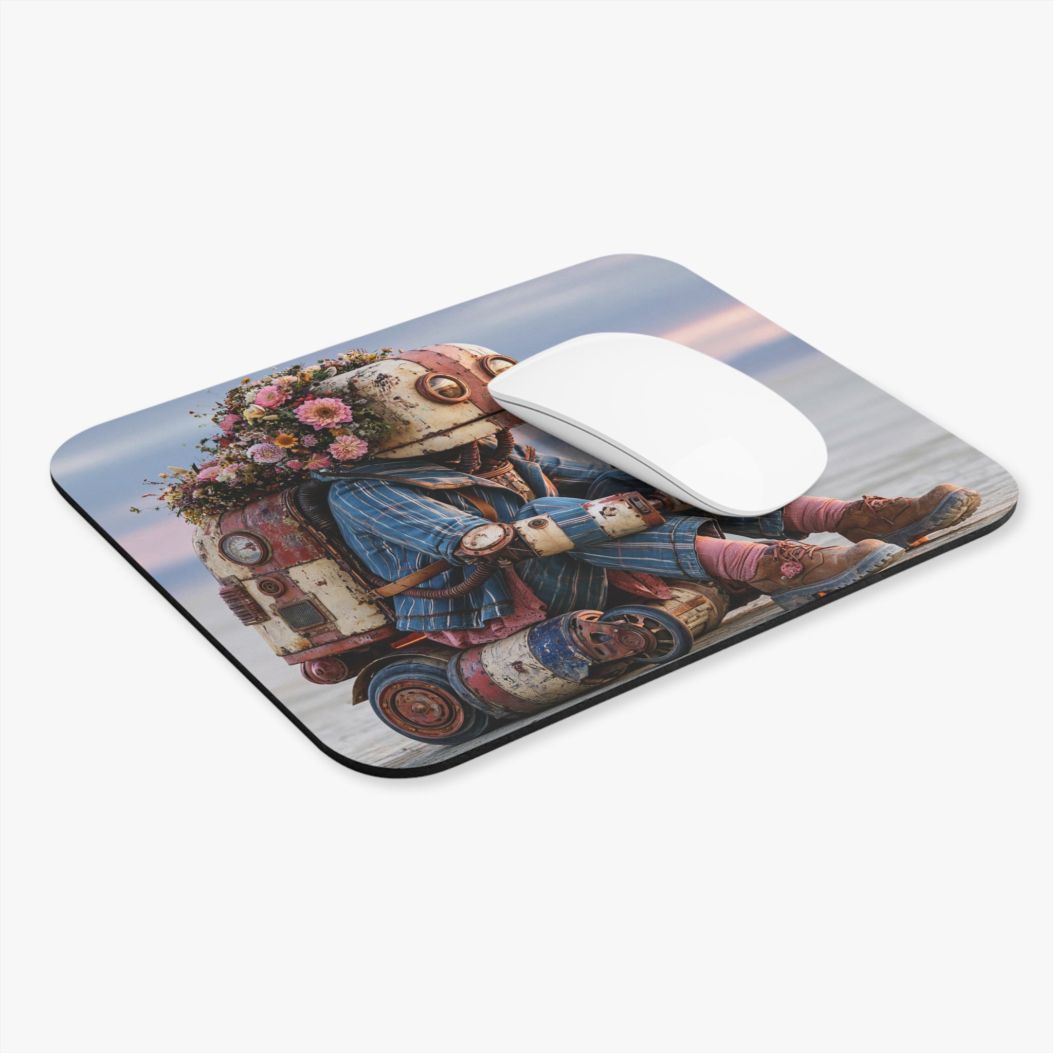 Robot with Flowers Mouse Pad — Cute Vintage Robot Desk Mat