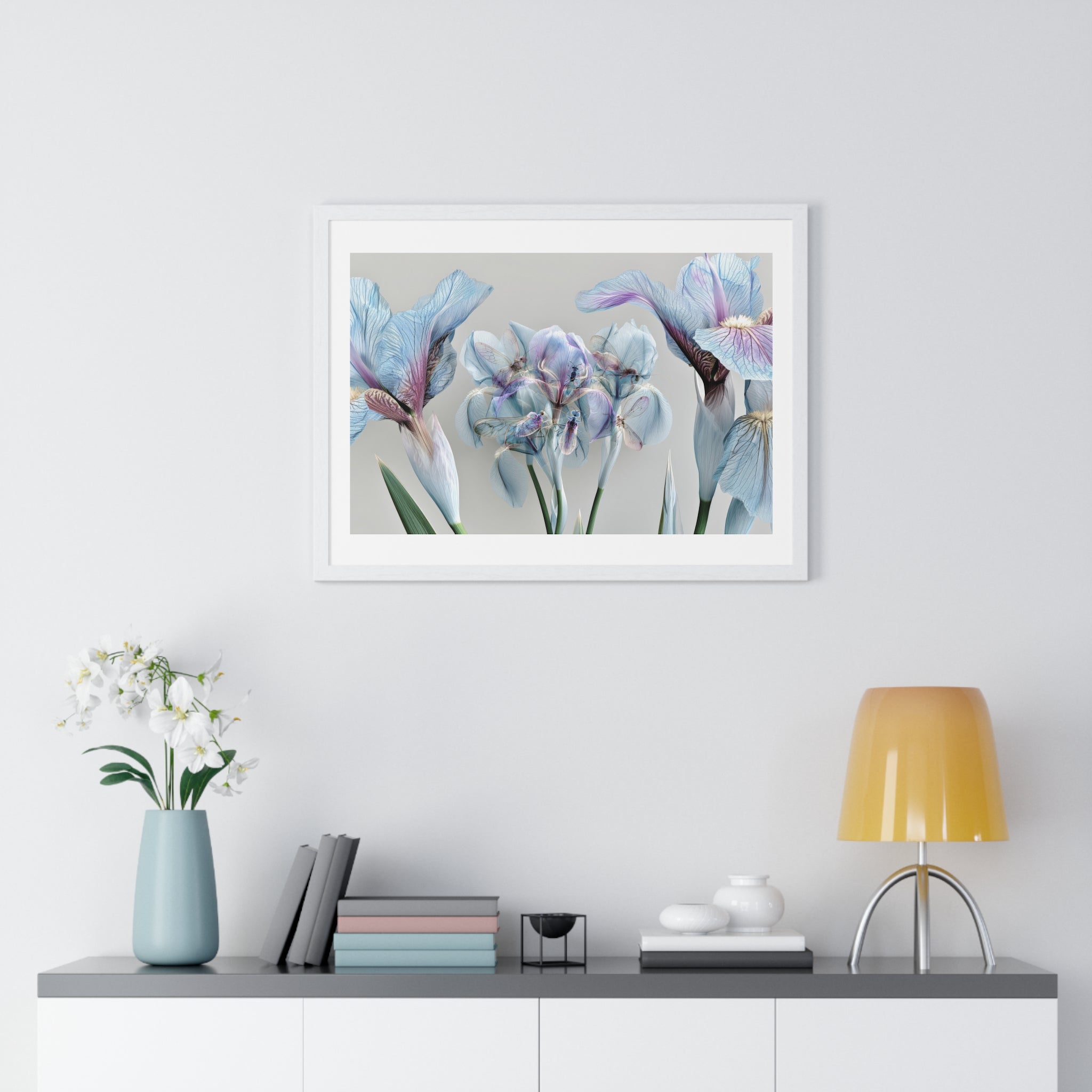 Botanical Iris Framed Poster — Soft Blue Floral Wall Art (Horizontal)