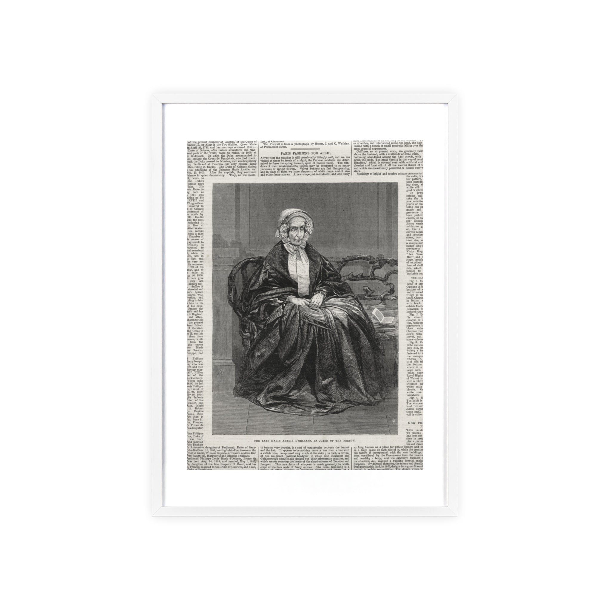 The Late Marie Amelie D'Orleans, Ex-Queen of the French. Vintage Portrait Newspaper Art Poster with Black Wooden Frame