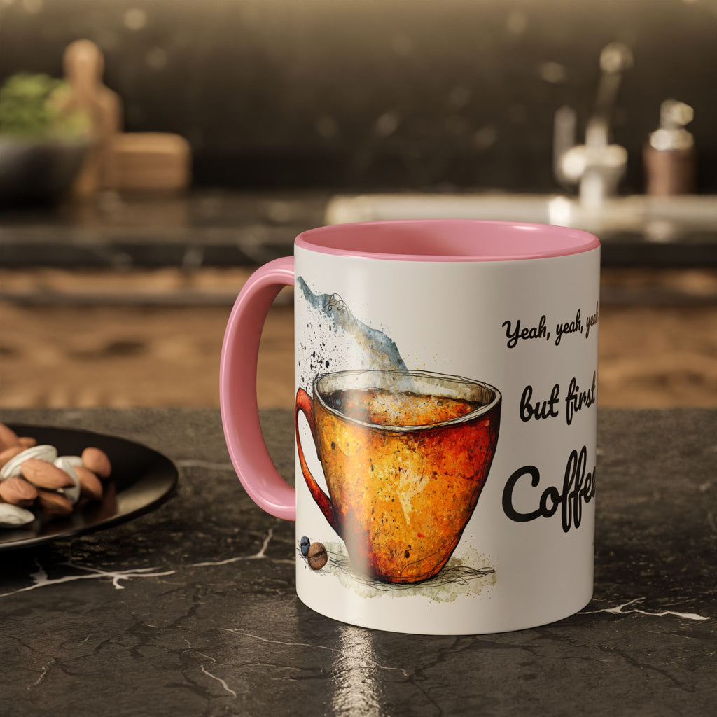 But First Coffee Ceramic Mug — Colorful Watercolor Coffee Cups (11oz & 15oz)