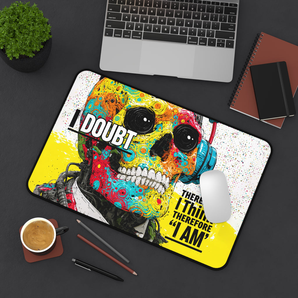 Colorful Skull Desk Mat — "I Doubt Therefore I Think I Am" Gaming Mouse Pad