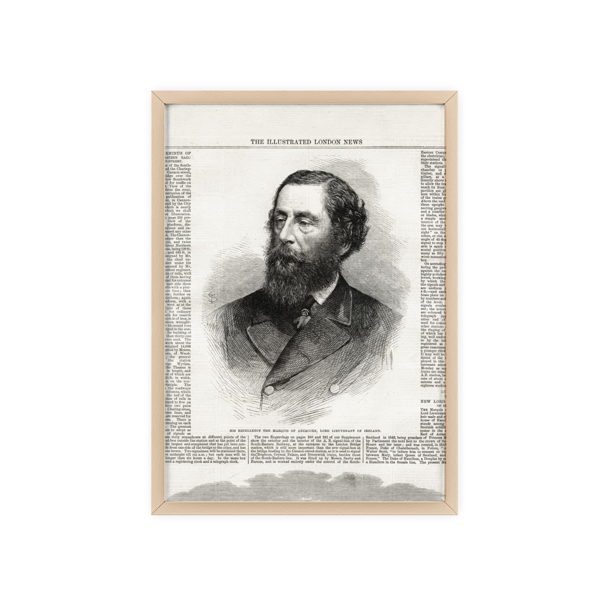 His Excellency the Marquis of Abercorn, Lord Lieutenant of Ireland. Vintage Illustrated Portrait Poster with Wooden Frame — Antique Newspaper Print