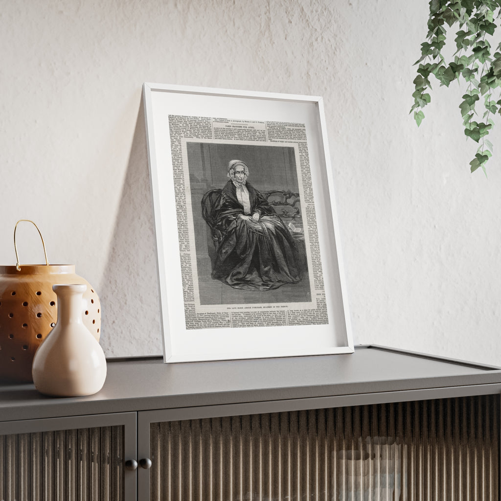 The Late Marie Amelie D'Orleans, Ex-Queen of the French. Vintage Portrait Newspaper Art Poster with Black Wooden Frame