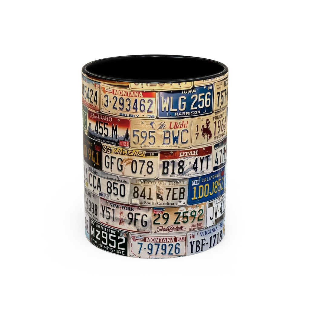 License Plate Collage Coffee Mug — Route 66, Vintage Road Trip Accent Mug