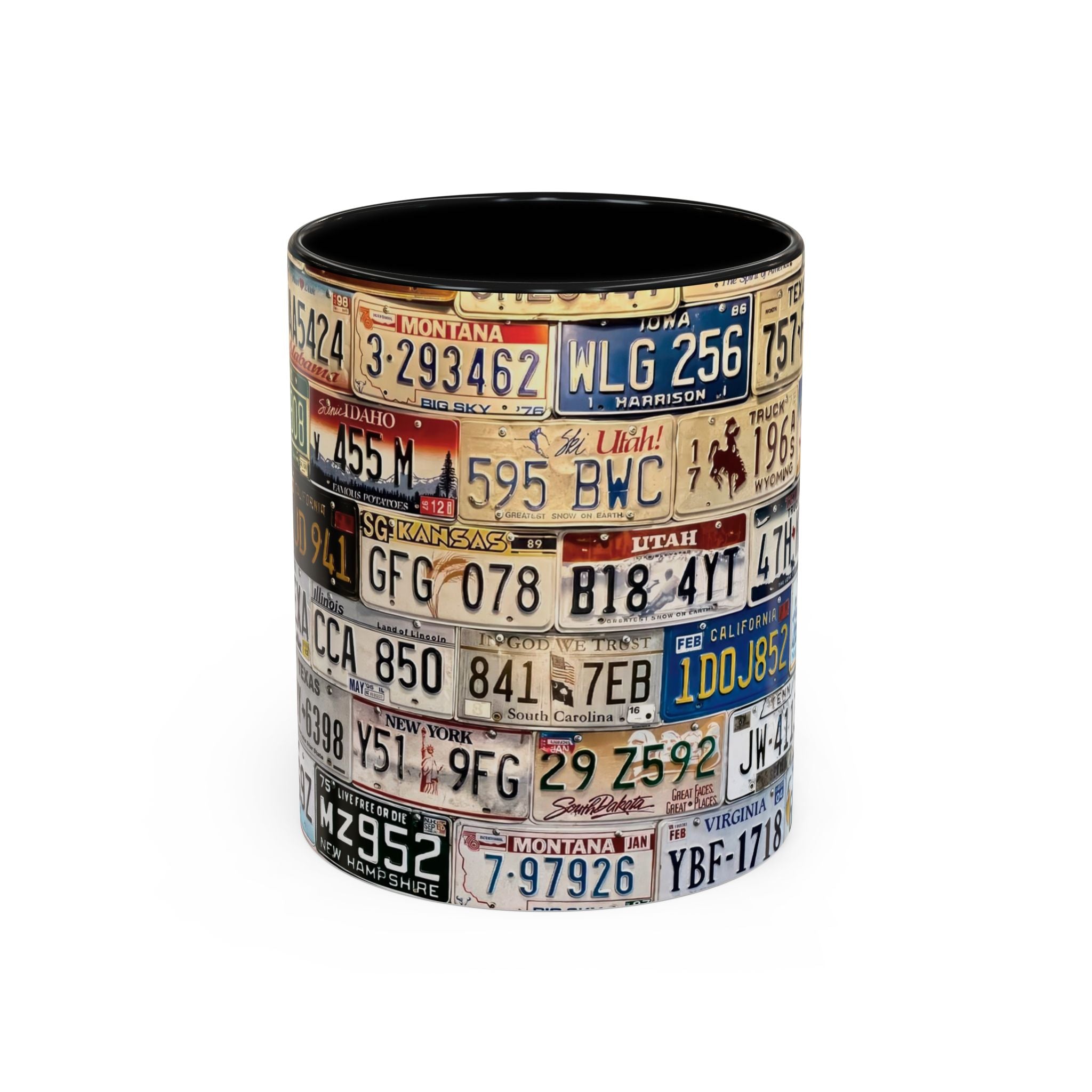License Plate Collage Coffee Mug — Route 66, Vintage Road Trip Accent Mug