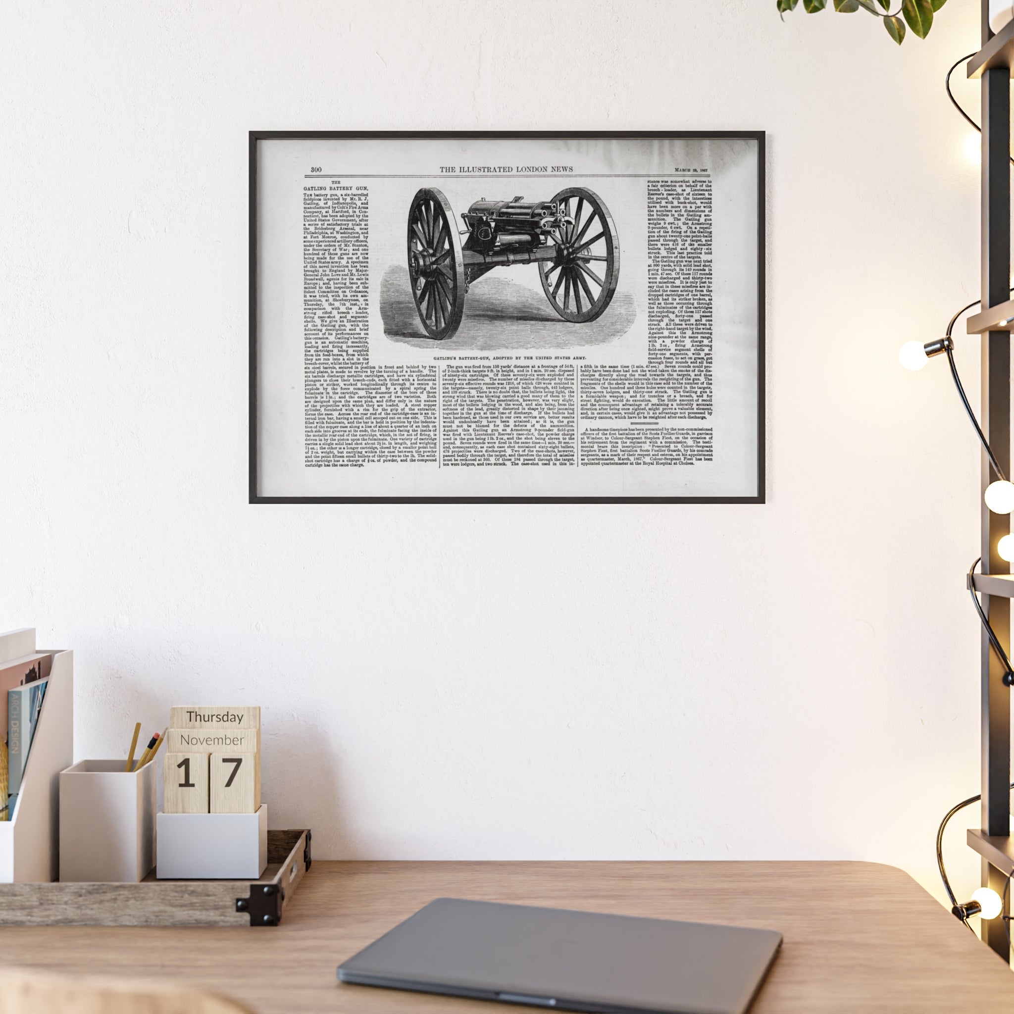 GATLING'S Battery-Gun, adopted by the United States Army. Vintage Cannon Patent Poster with Wooden Frame – Antique Engineering Print