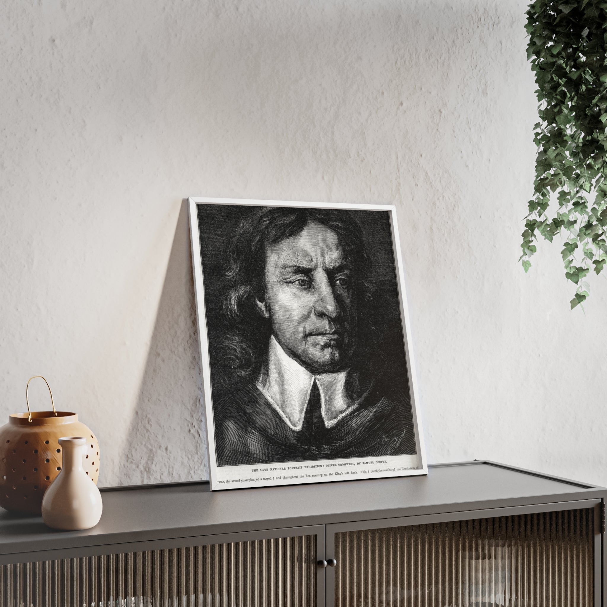 OLIVER CROMWELL. Historical Portrait Poster with Wooden Frame — Vintage Chalk-Style Print
