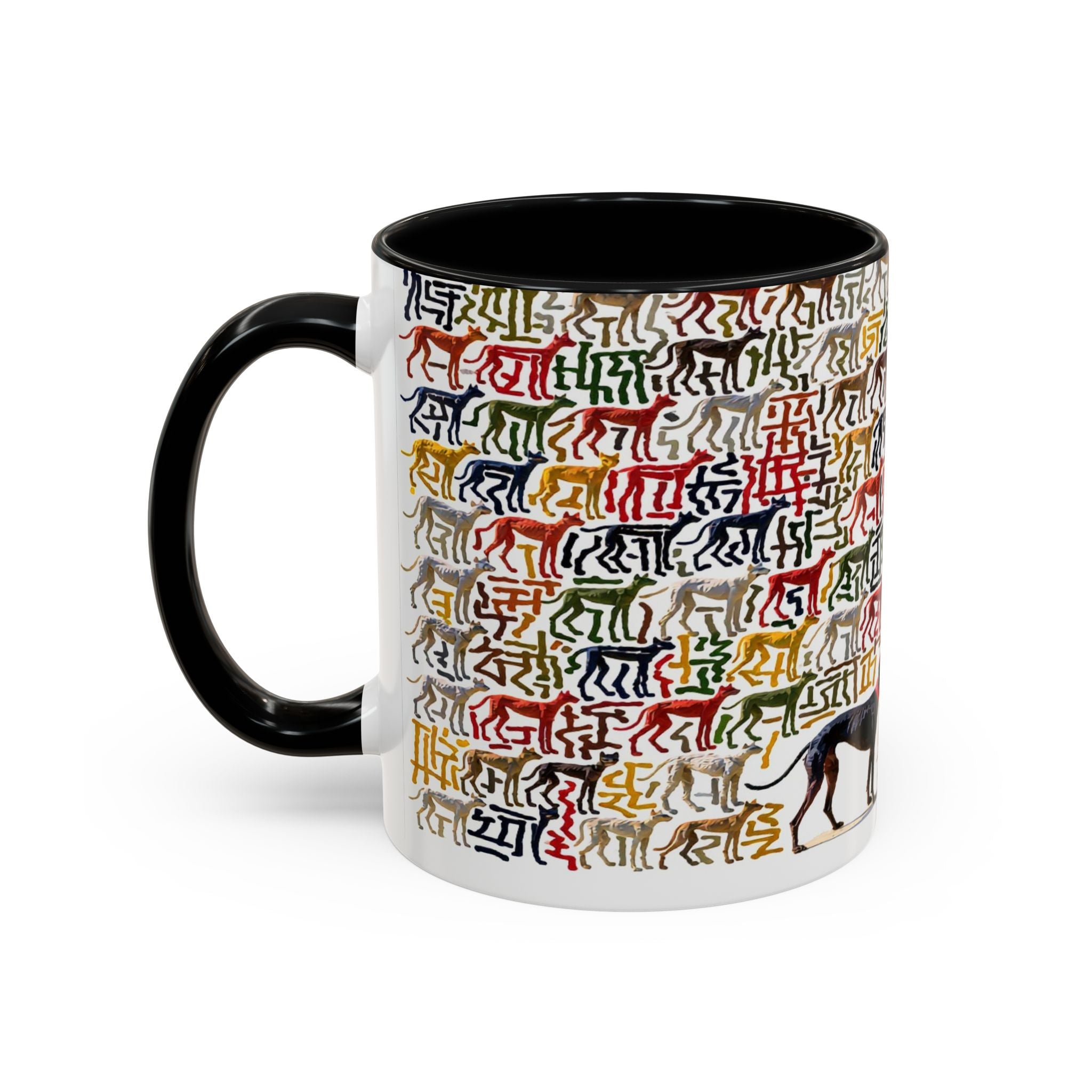 Greyhound Silhouette Accent Coffee Mug — Colorful Script Dog Pattern (11/15oz)