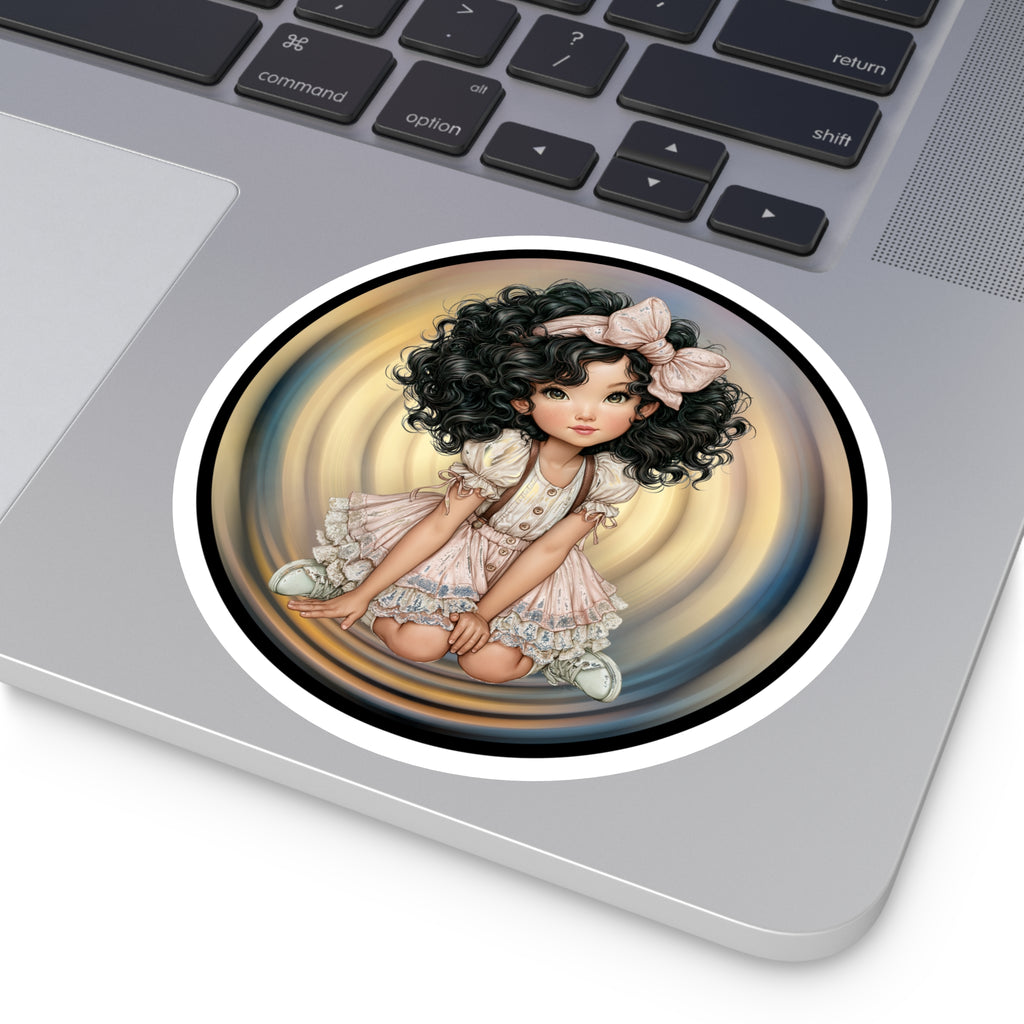 Cute Curly-Haired Doll Round Sticker — Indoor/Outdoor Vinyl Laptop Decal