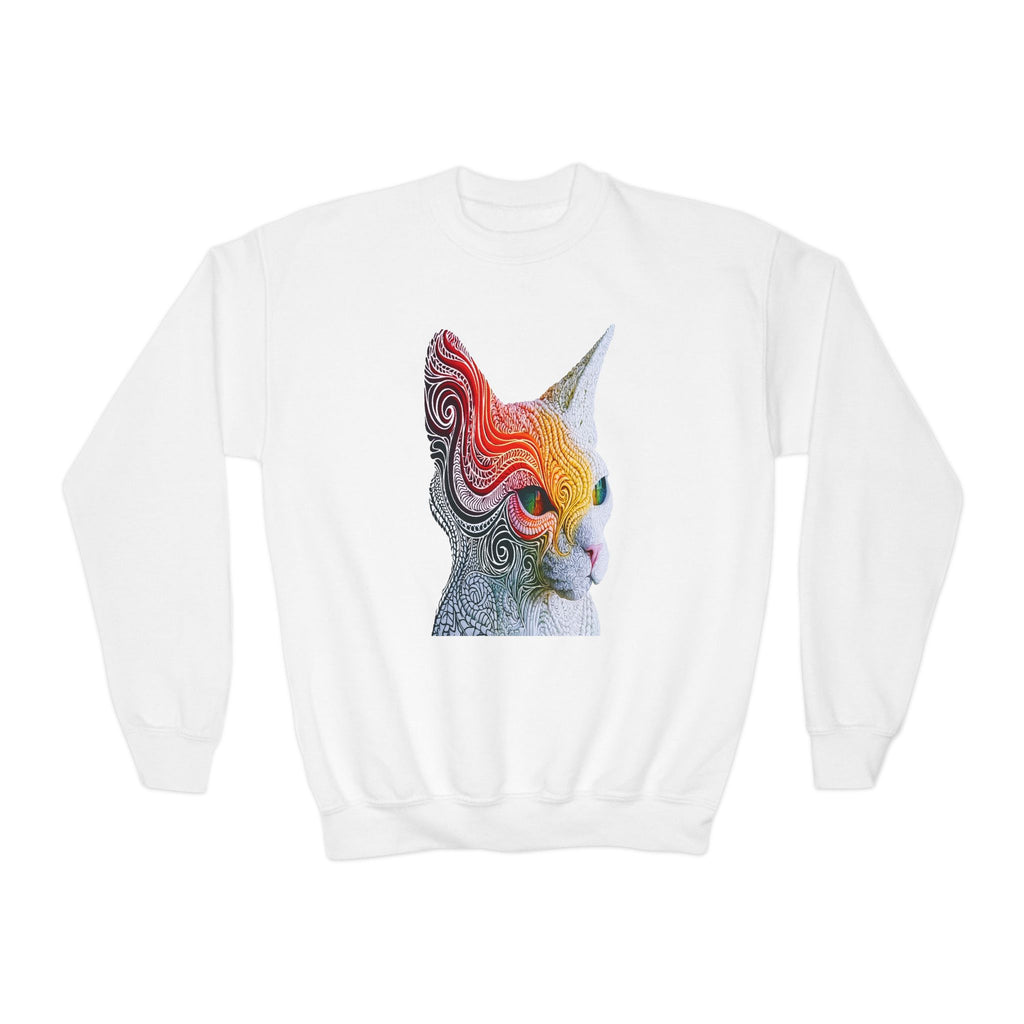 Youth Crewneck Sweatshirt — Psychedelic Colorful Cat Head Graphic