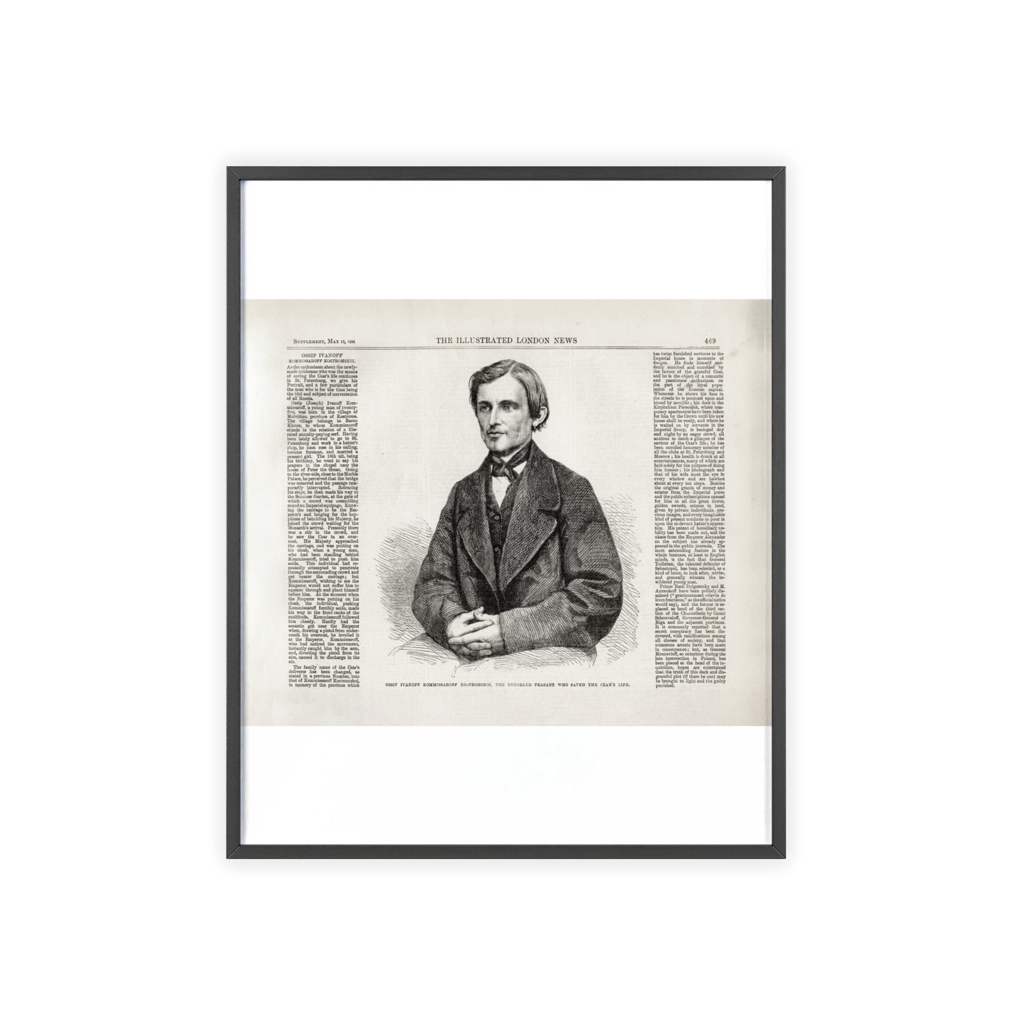OSSIP IVANOFF, the peasant who saved the CZAR's Life. Vintage Illustrated Portrait Poster with Wooden Frame — Antique Newspaper Art Print