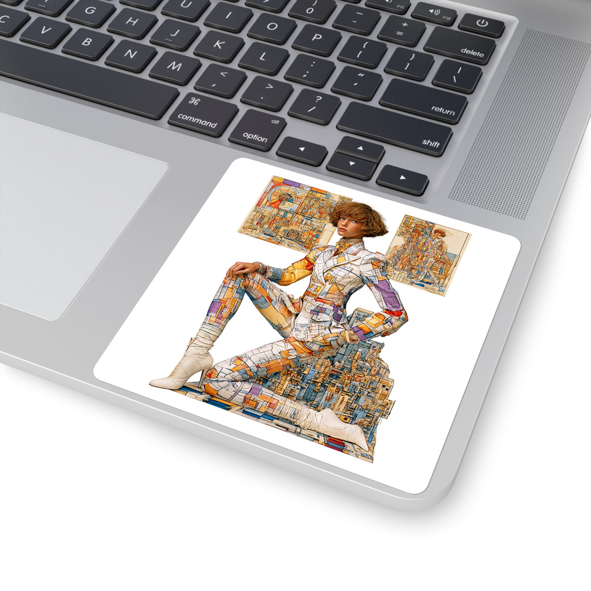 Retro Futurist Collage Square Sticker — Vintage Fashion Tech Art
