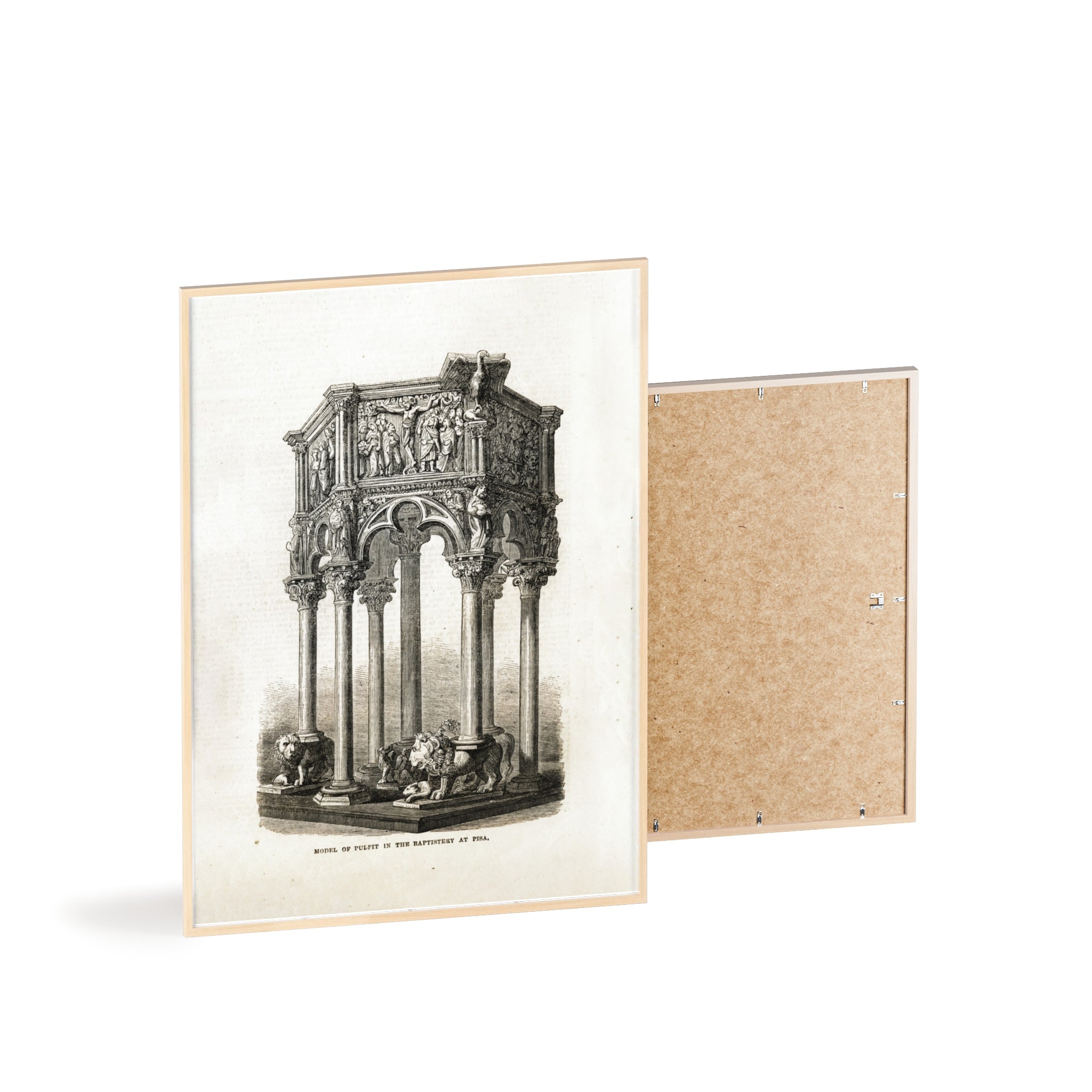 Model of Pulpit in the Baptistery at PISA. Antique Architectural Print Poster — Gothic Baptistery Illustration in Wooden Frame