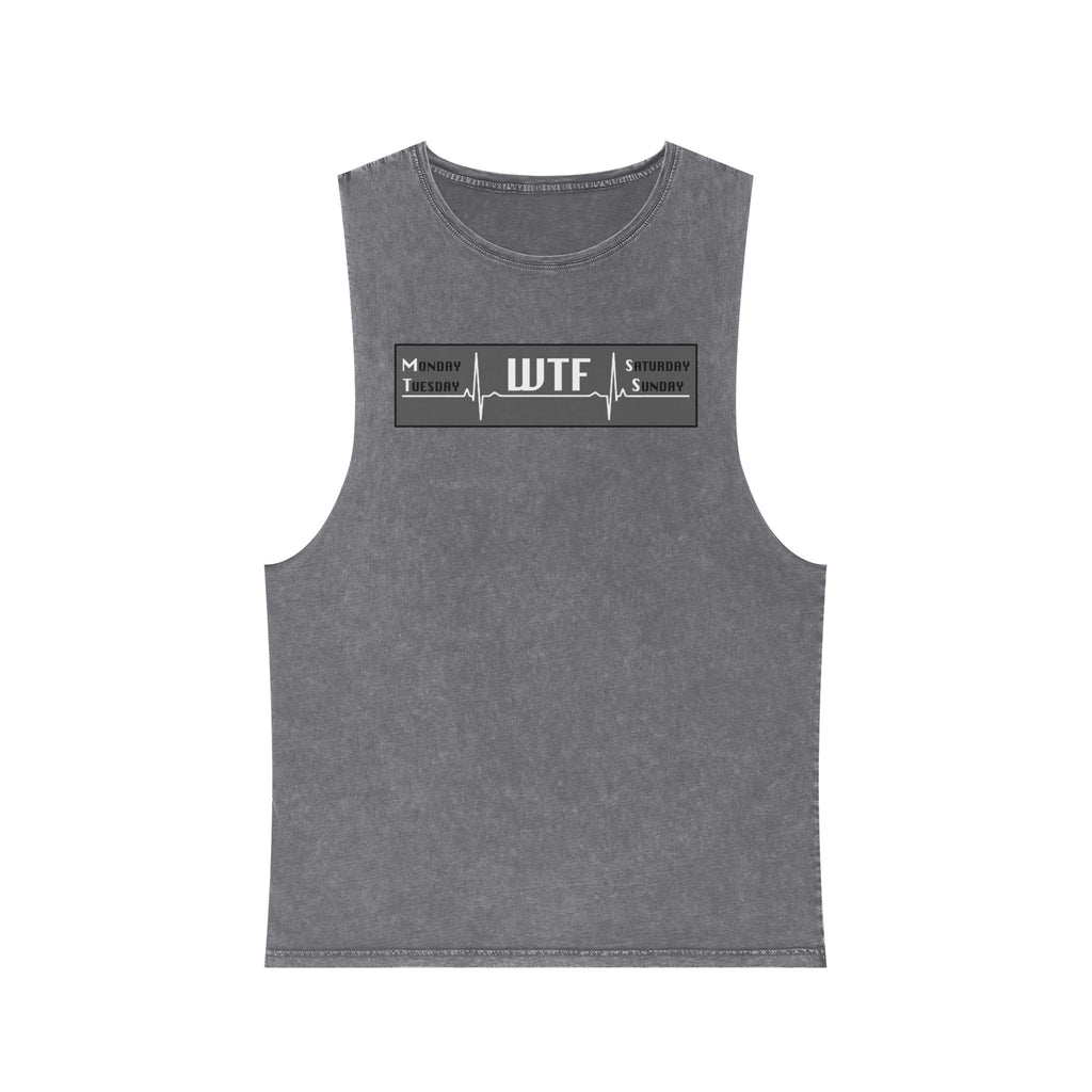 WTF Tattoo Pulse Graphic Tank Top — Stonewash Sleeveless Tee for Edgy Casual Wear