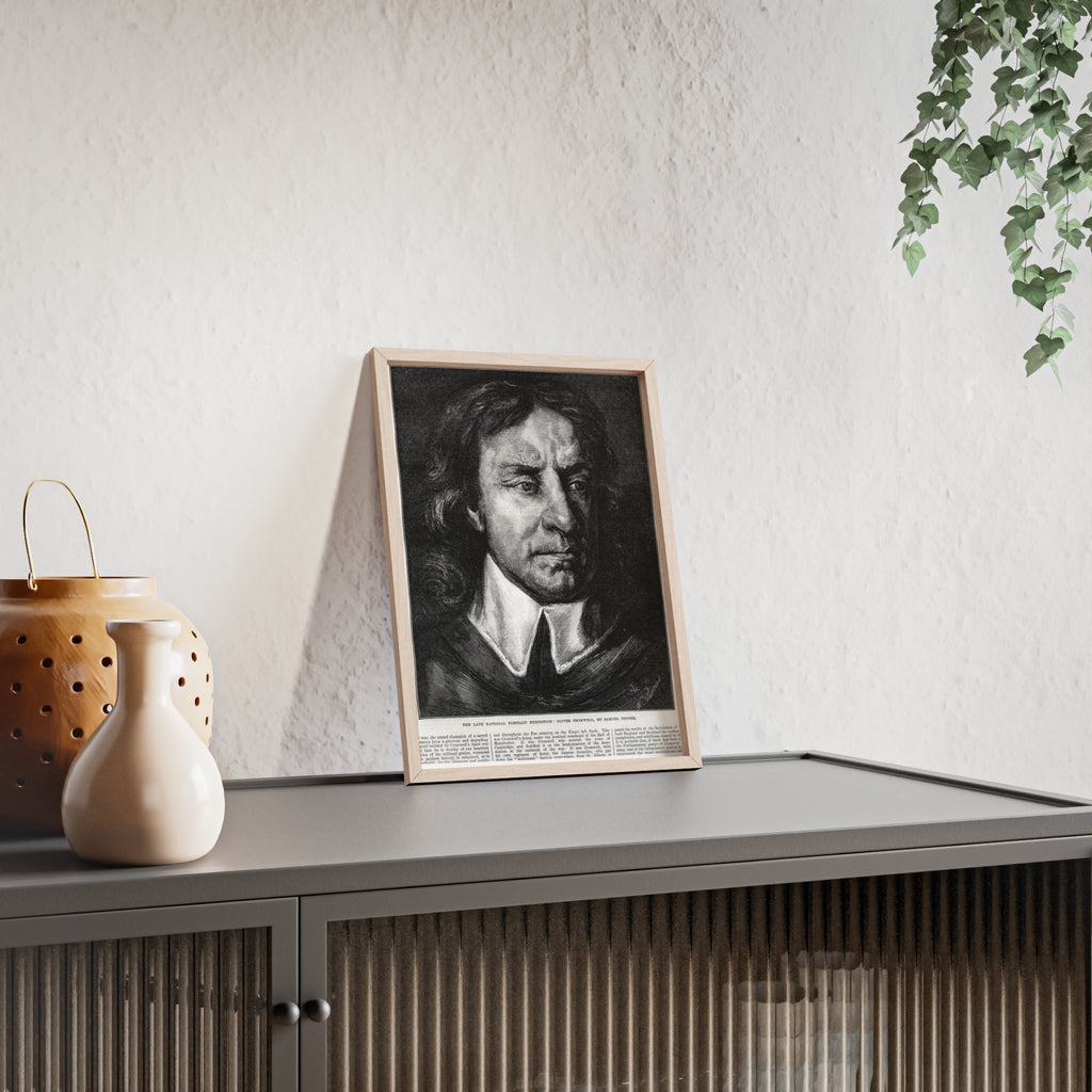 OLIVER CROMWELL. Historical Portrait Poster with Wooden Frame — Vintage Chalk-Style Print