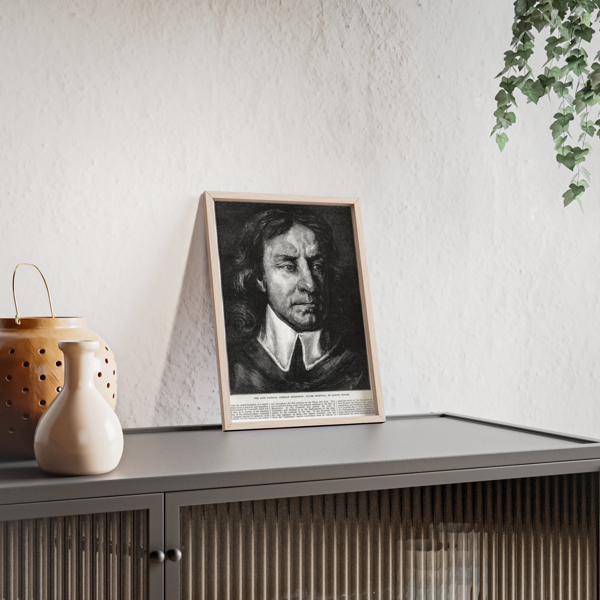 OLIVER CROMWELL. Historical Portrait Poster with Wooden Frame — Vintage Chalk-Style Print