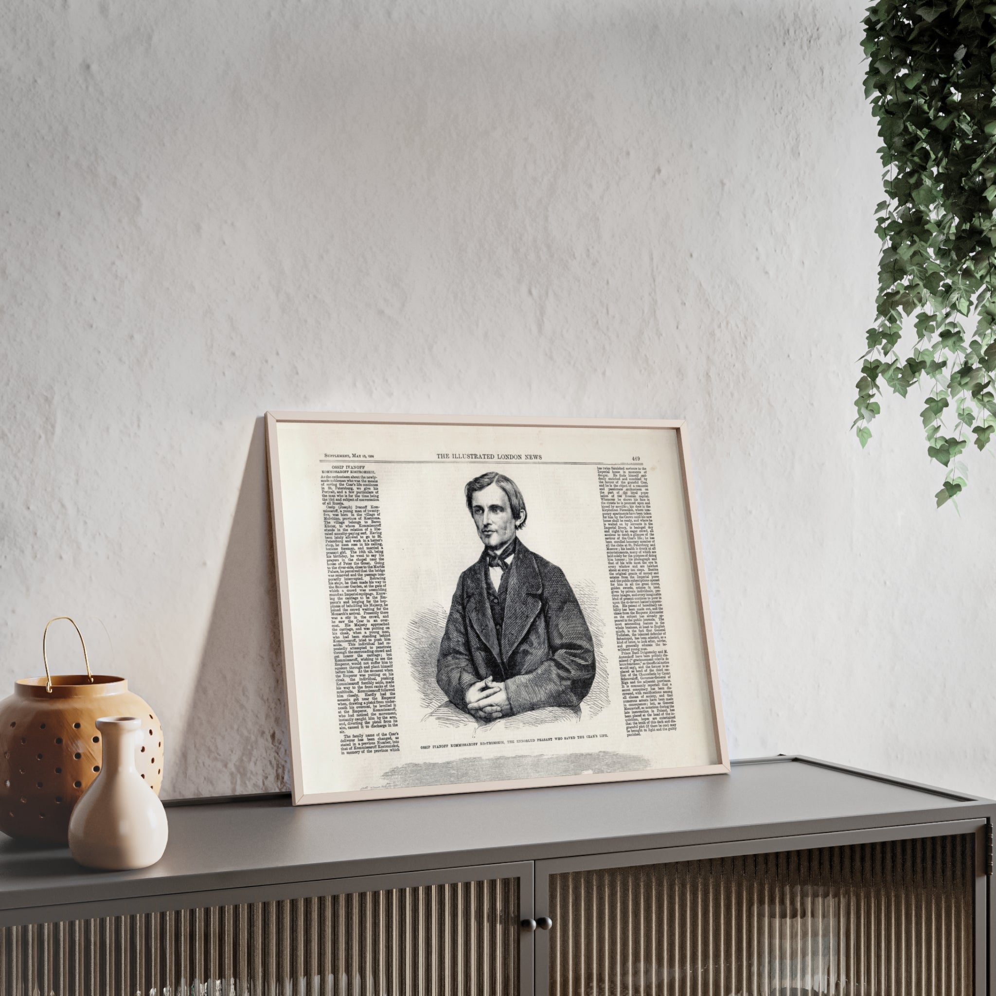 Portrait of Ossip Ivanoff the peasant who saved the Czar's Life. Vintage Newspaper Print Poster with Wooden Frame