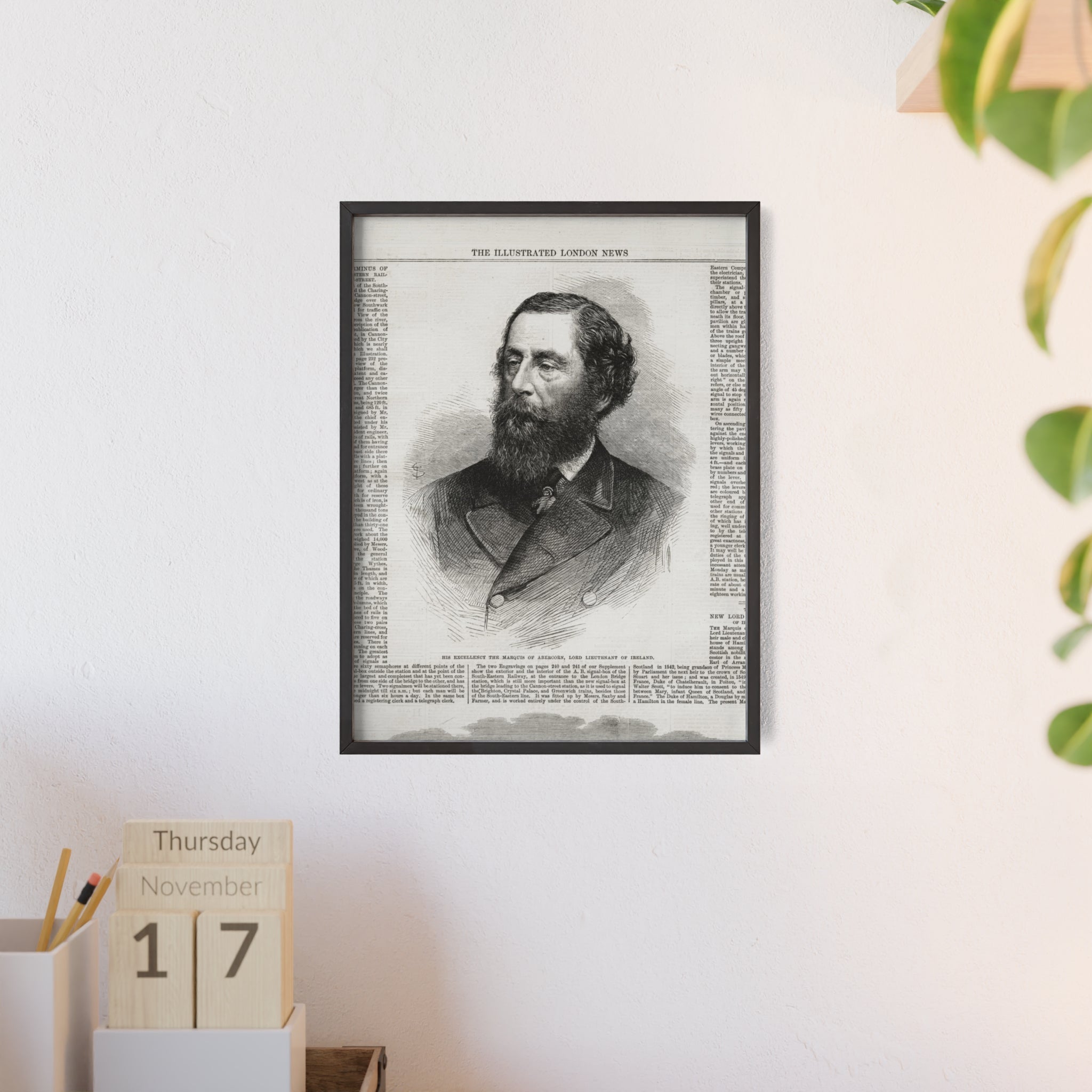 His Excellency the Marquis of Abercorn, Lord Lieutenant of Ireland. Vintage Illustrated Portrait Poster with Wooden Frame — Antique Newspaper Print