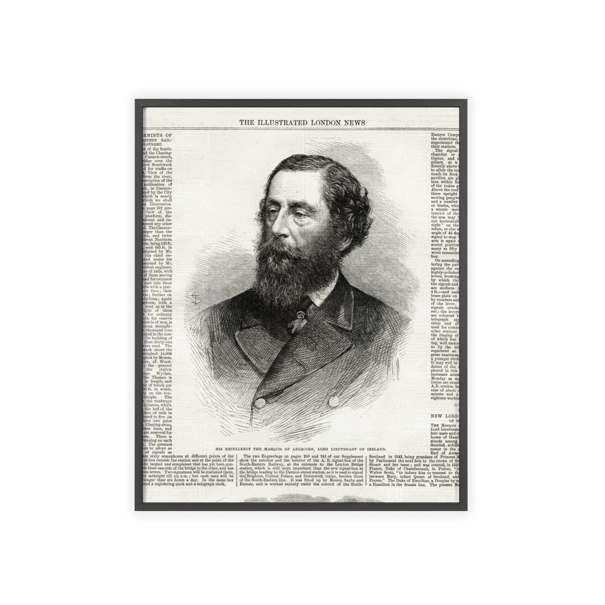 His Excellency the Marquis of Abercorn, Lord Lieutenant of Ireland. Vintage Illustrated Portrait Poster with Wooden Frame — Antique Newspaper Print