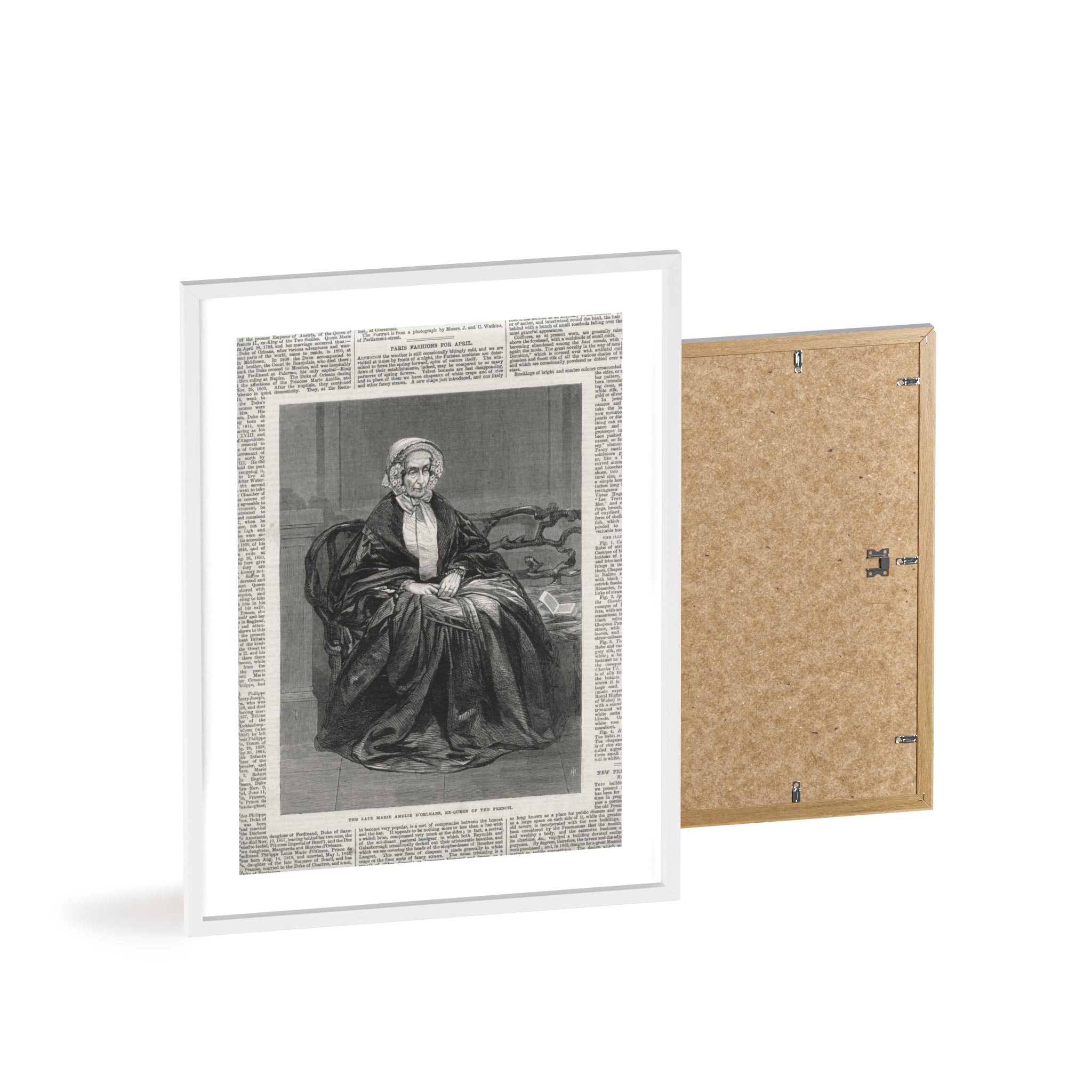 The Late Marie Amelie D'Orleans, Ex-Queen of the French. Vintage Portrait Newspaper Art Poster with Black Wooden Frame