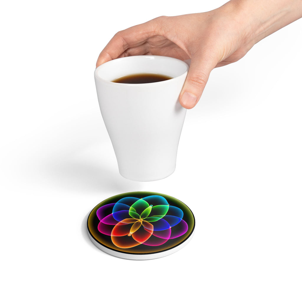 Ceramic Coaster — Rainbow Sacred Geometry Flower Design | Vibrant Mandala Cork-Back Drink Coaster