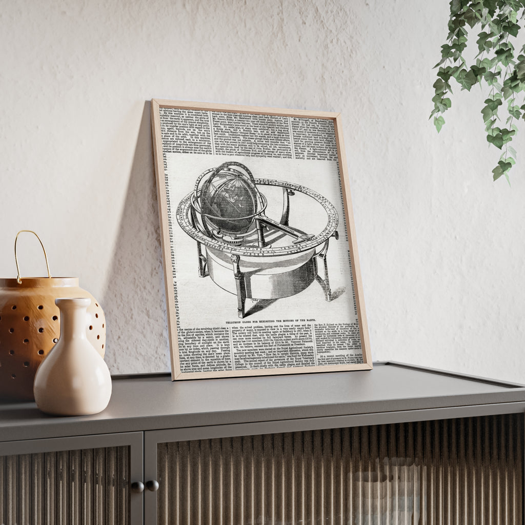 TELLURION GLOBE for Exhibiting the Motions of the Earth. Vintage Celestial Globe Poster with Wooden Frame — Antique Astronomy Wall Art