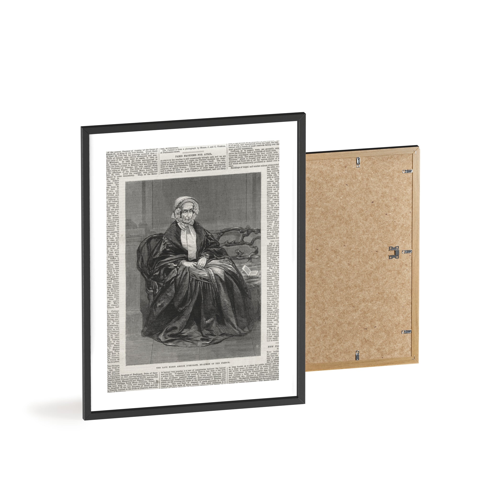 The Late Marie Amelie D'Orleans, Ex-Queen of the French. Vintage Portrait Newspaper Art Poster with Black Wooden Frame