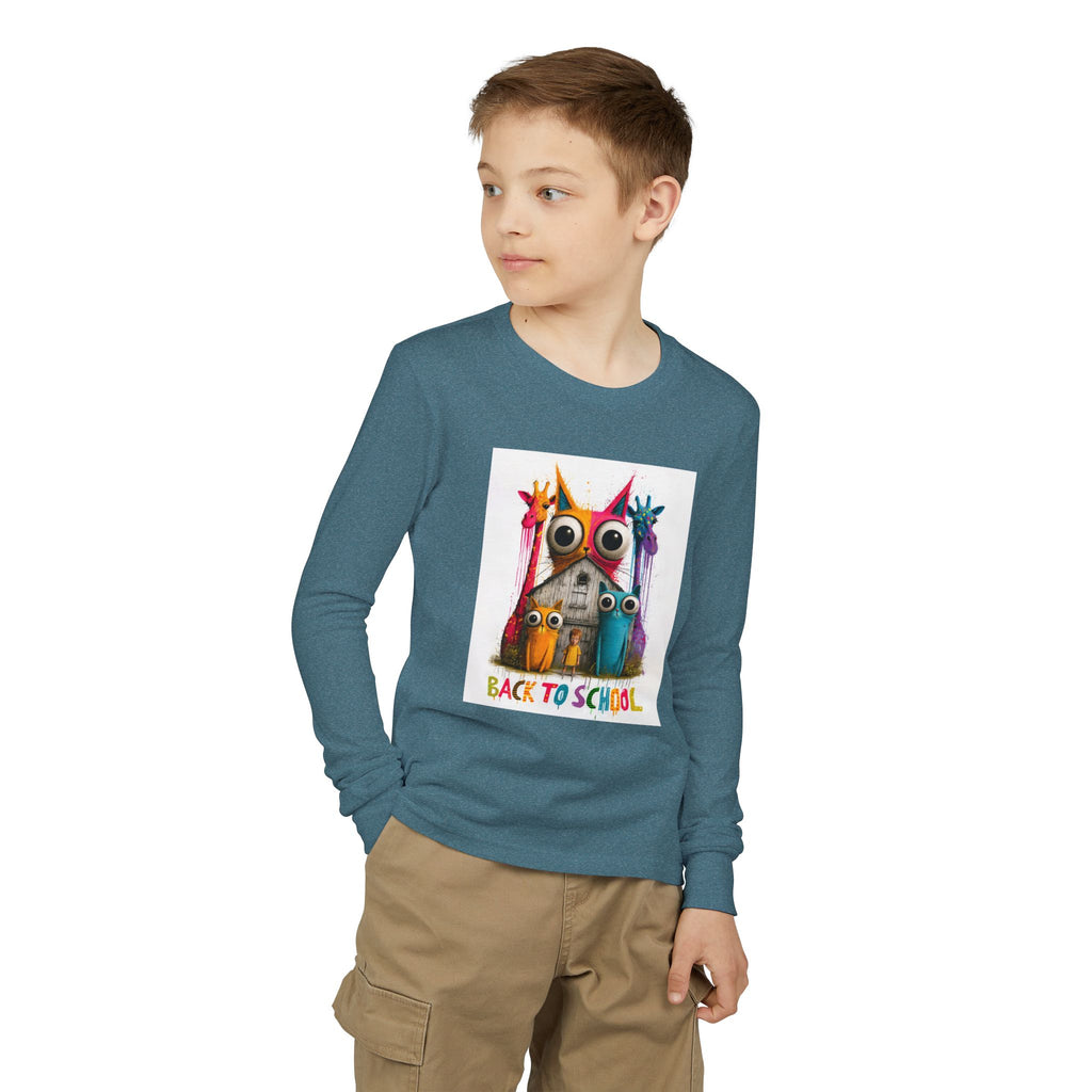 Back to School Youth Long Sleeve Tee — Colorful Owl Schoolhouse Design