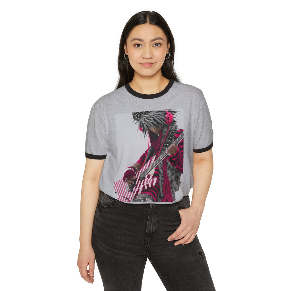 Retro Rock Guitarist Ringer T-Shirt — Pink Striped Electric Guitar Graphic
