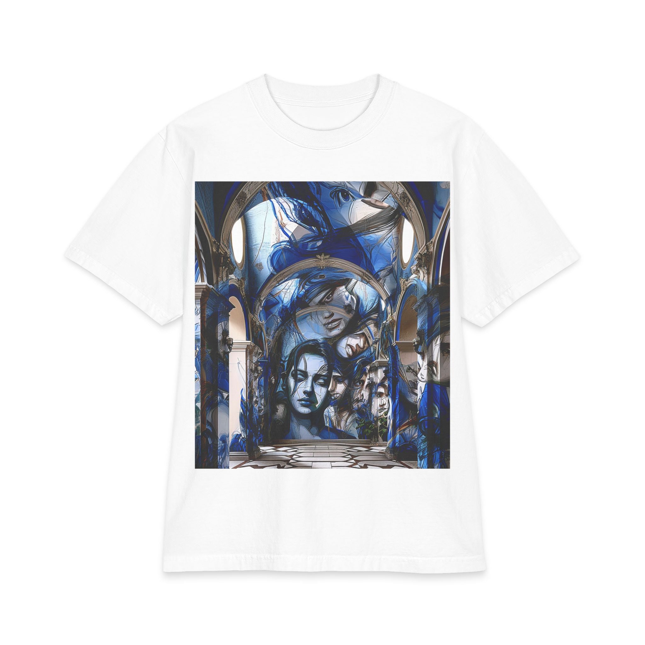 Artistic Portrait Tee — Blue Surreal Faces Graphic T-Shirt