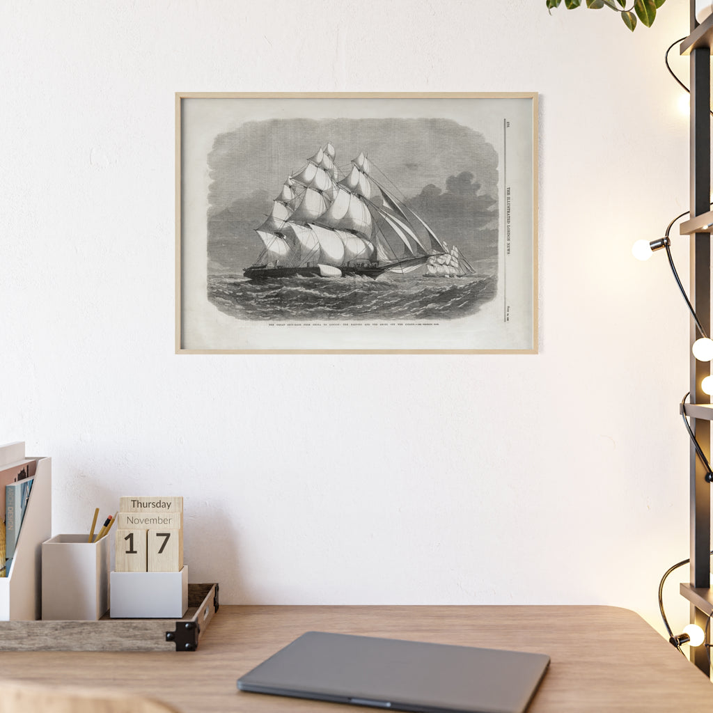 The Great Ship-Race from China to London. Vintage Sailing Ship Wall Poster with Wooden Frame – Nautical Marine Print