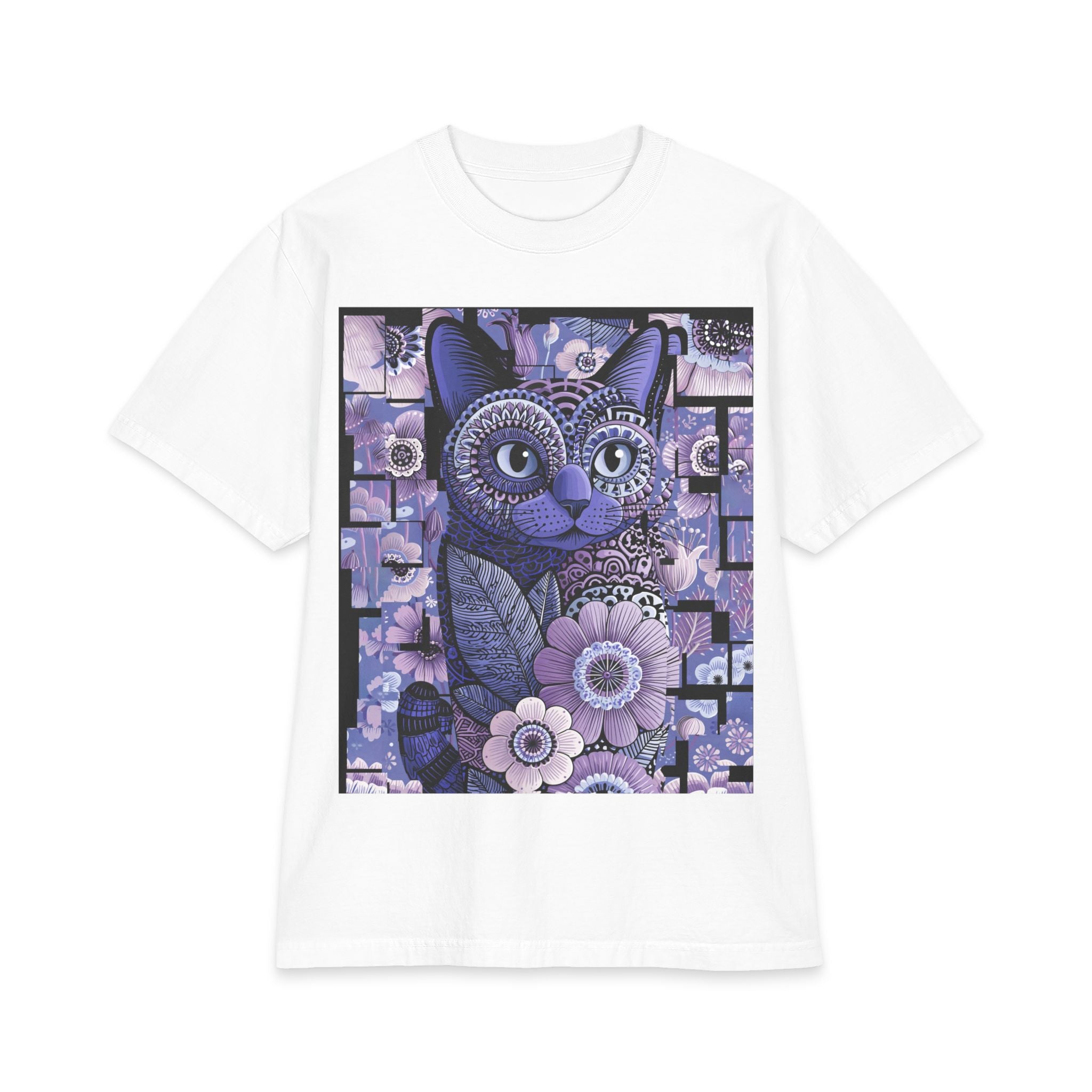 Purple Floral Cat T-Shirt — Whimsical Boho Cat Art Tee