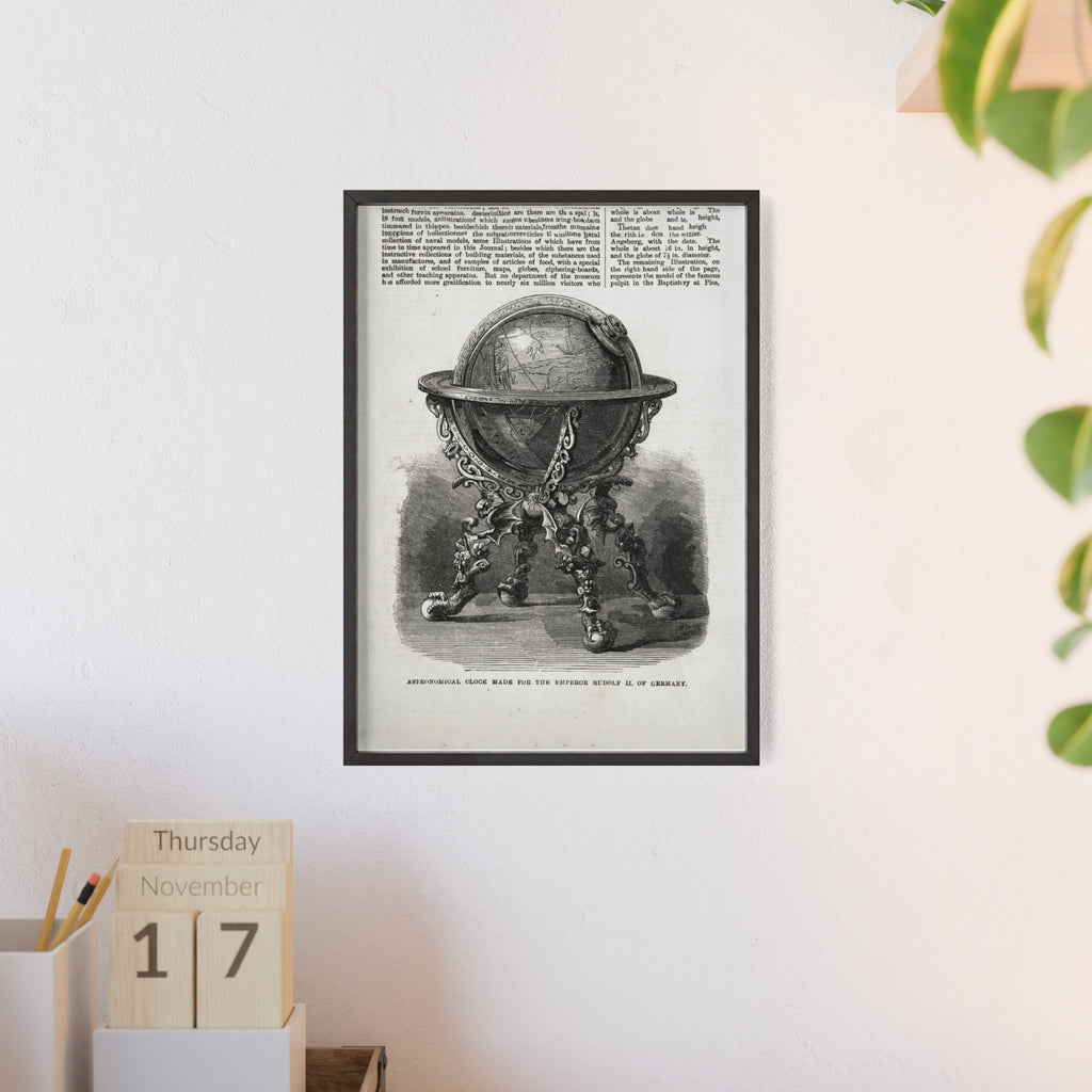 Astronomical Clock made for the Emperor RUDOLPH II, of Germany. Vintage Globe Illustration Poster with Wooden Frame — Antique Map Print