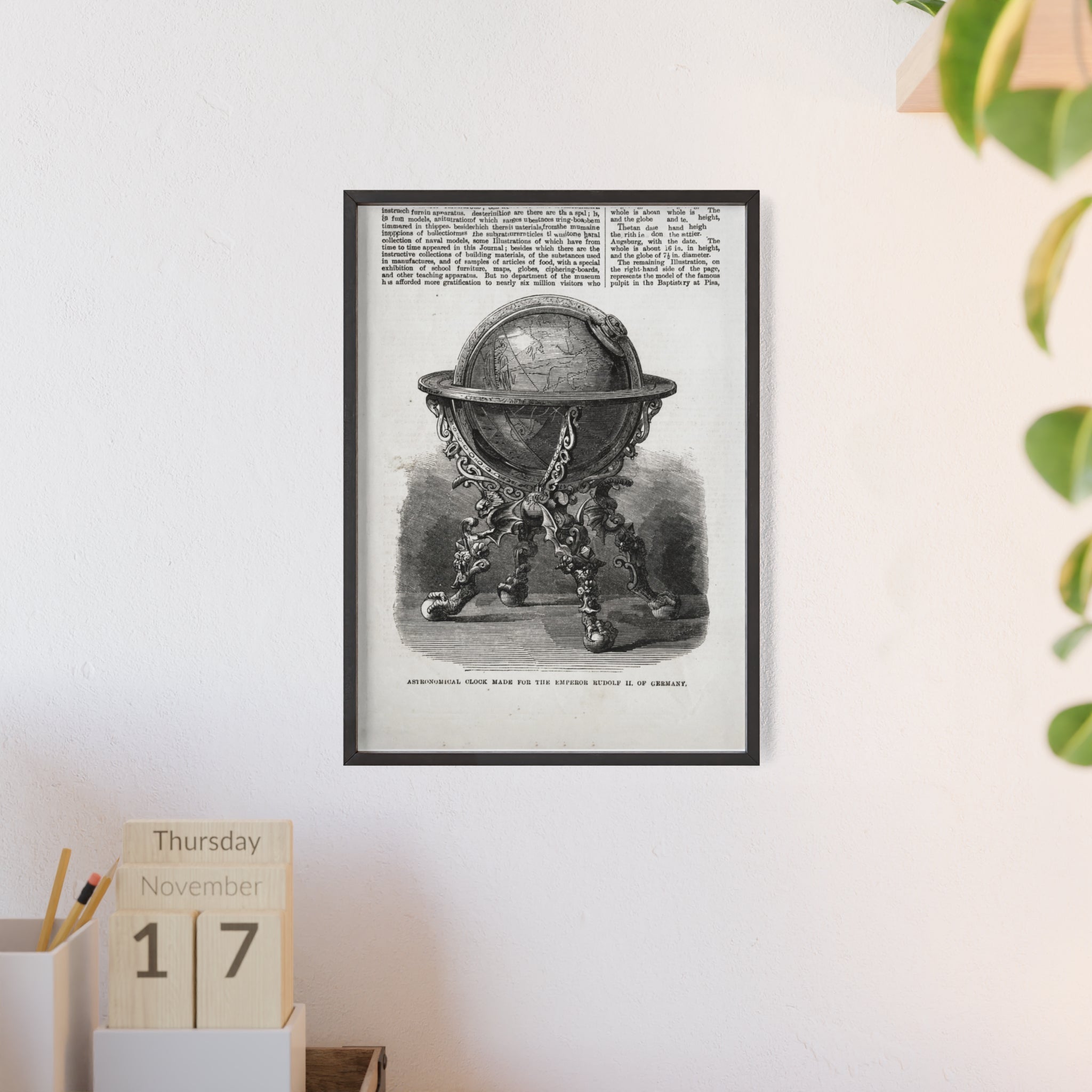 Astronomical Clock made for the Emperor RUDOLPH II, of Germany. Vintage Globe Illustration Poster with Wooden Frame — Antique Map Print