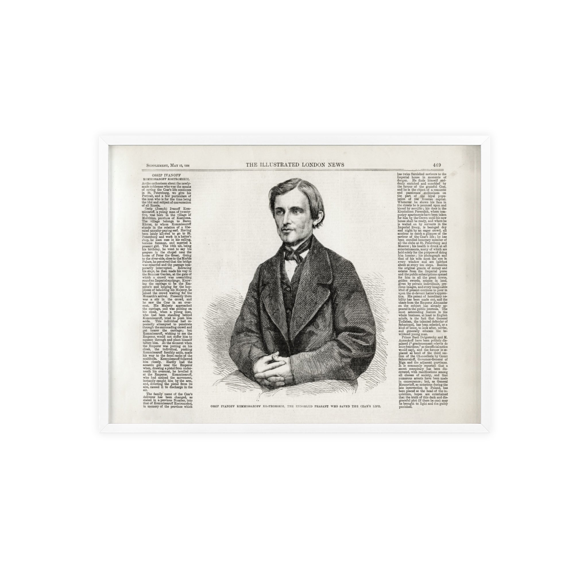 OSSIP IVANOFF, the peasant who saved the CZAR's Life. Vintage Illustrated Portrait Poster with Wooden Frame — Antique Newspaper Art Print