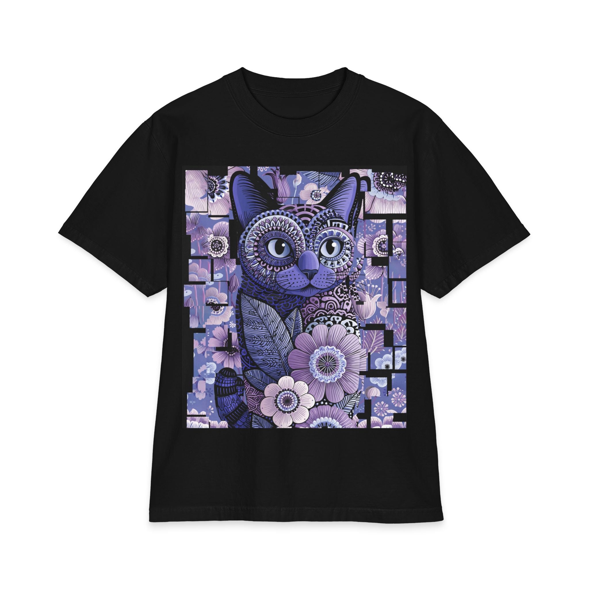Purple Floral Cat T-Shirt — Whimsical Boho Cat Art Tee