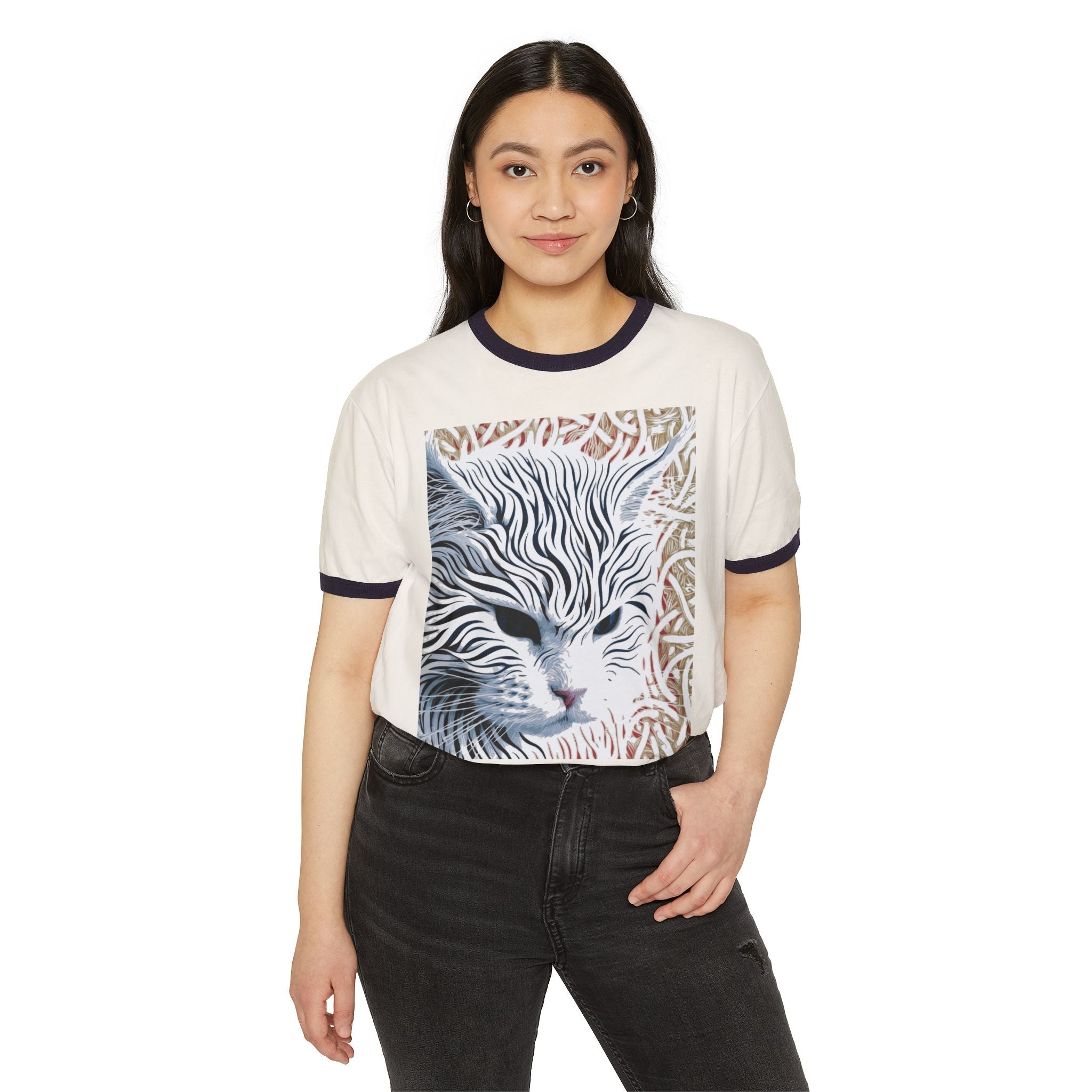 Cat Portrait Ringer Tee — Stylized Stripe-Faced Cat Graphic T-Shirt