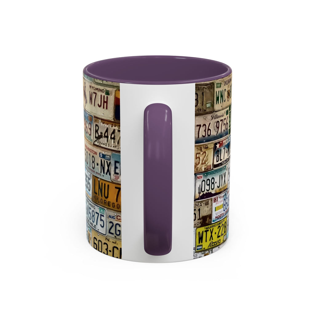 License Plate Collage Coffee Mug — Route 66, Vintage Road Trip Accent Mug