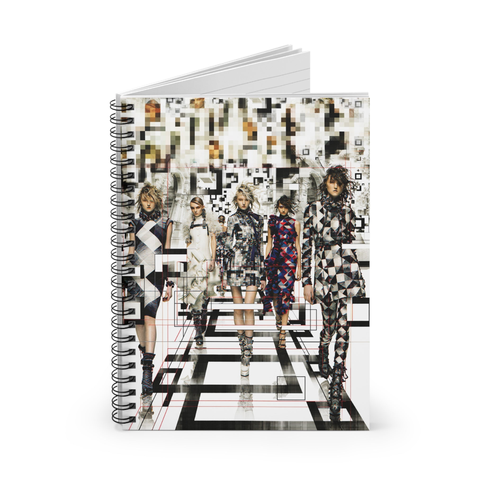 Fashion Runway Spiral Notebook — Retro Geometric Model Print, Ruled Journal for Designers & Fashion Students