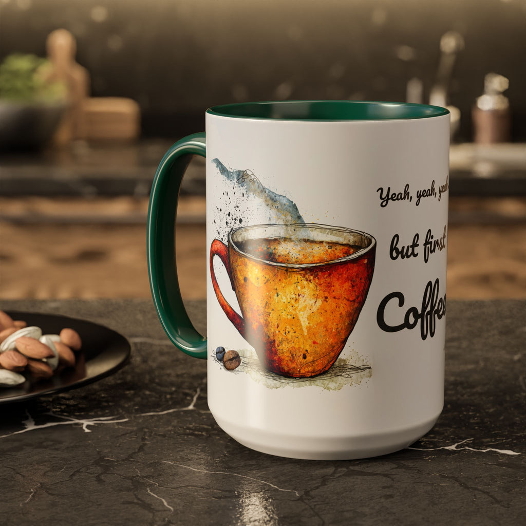 But First Coffee Ceramic Mug — Colorful Watercolor Coffee Cups (11oz & 15oz)
