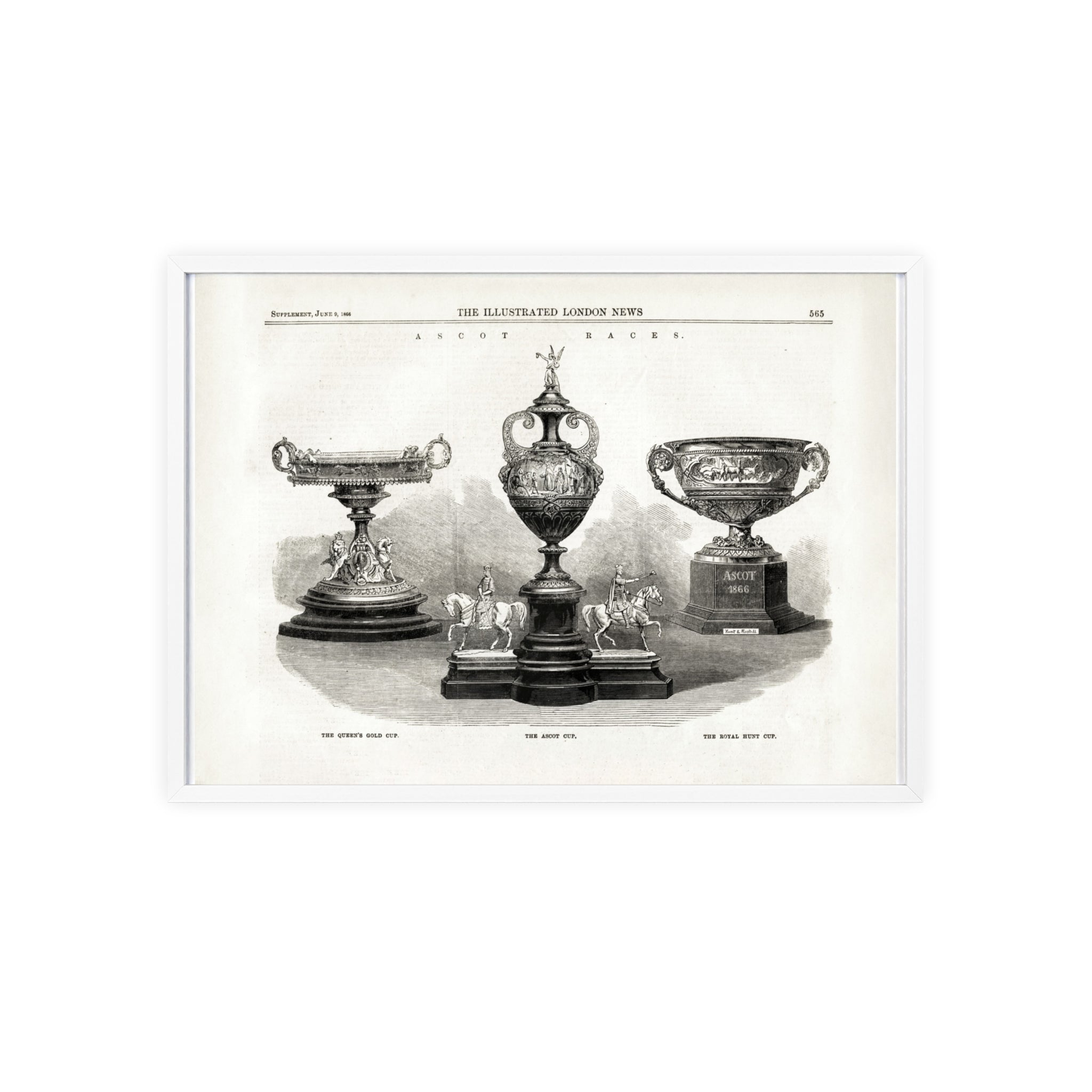 The ASCOT Races. Vintage Trophy Engraving Poster with Wooden Frame