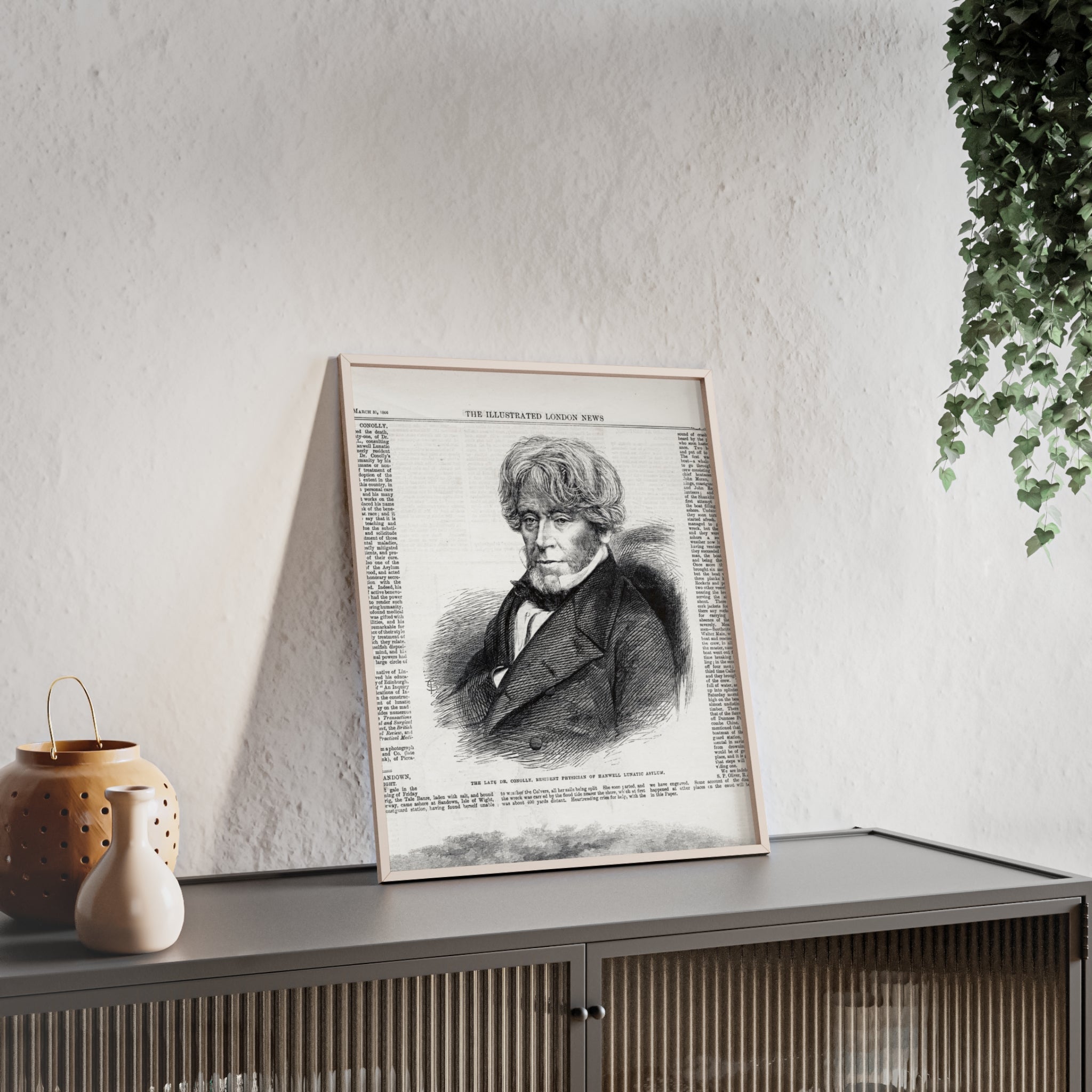 Dr. Conolly, Resident Physician of Hanwell Lunatic Asylum. Framed Vintage Portrait Print — Antique Newspaper Illustration Poster